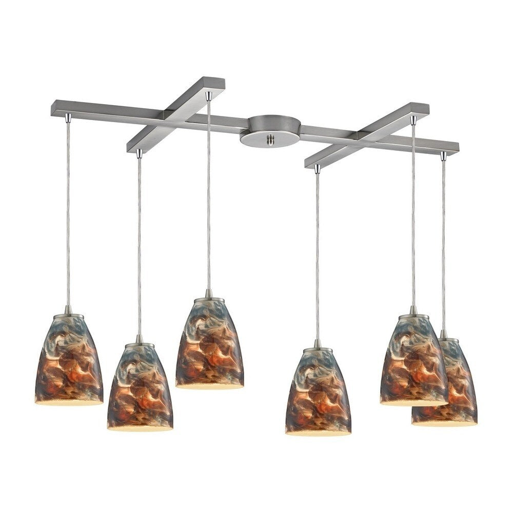Abraham Way - Six Light H-Bar Pendant Satin Nickel Finish with Cosmic Storm Glass
