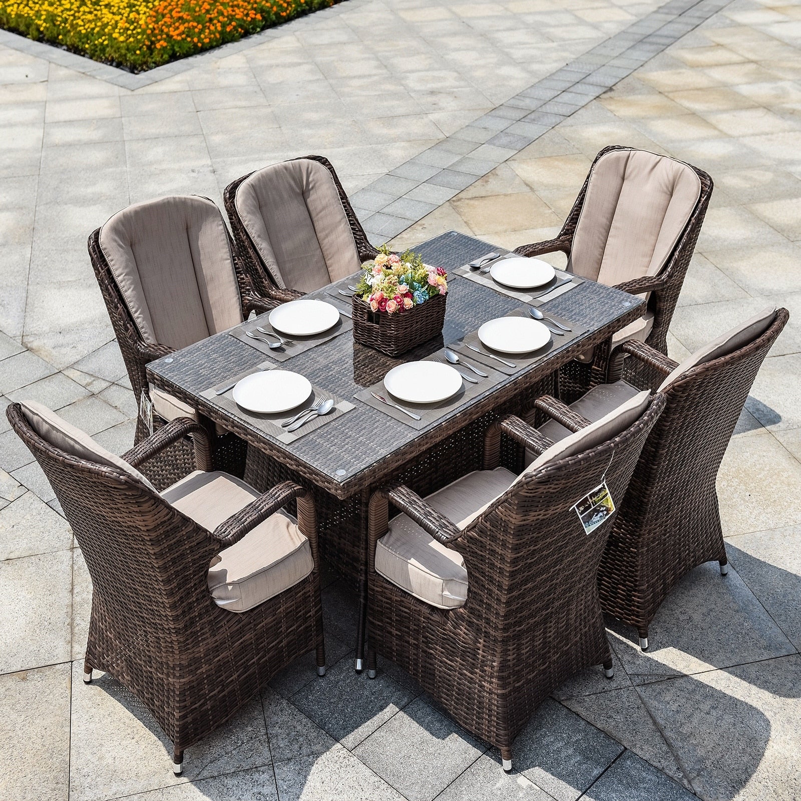 Abrihome 7 Piece Outdoor Wicker Dining Table Set with 6 Eton Chairs Brown rec