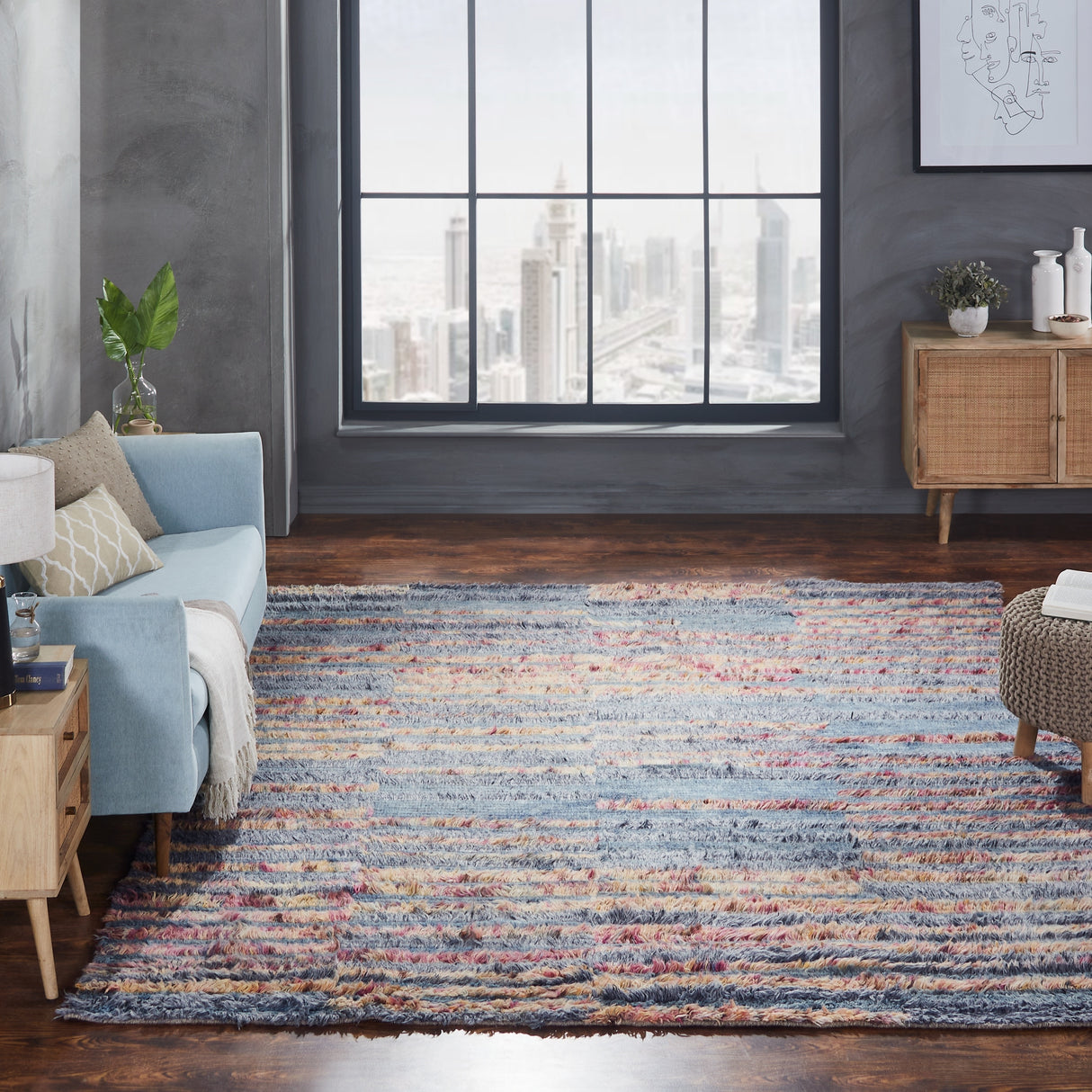 Abstract Geometric Shag Grey/Multi Area Rug