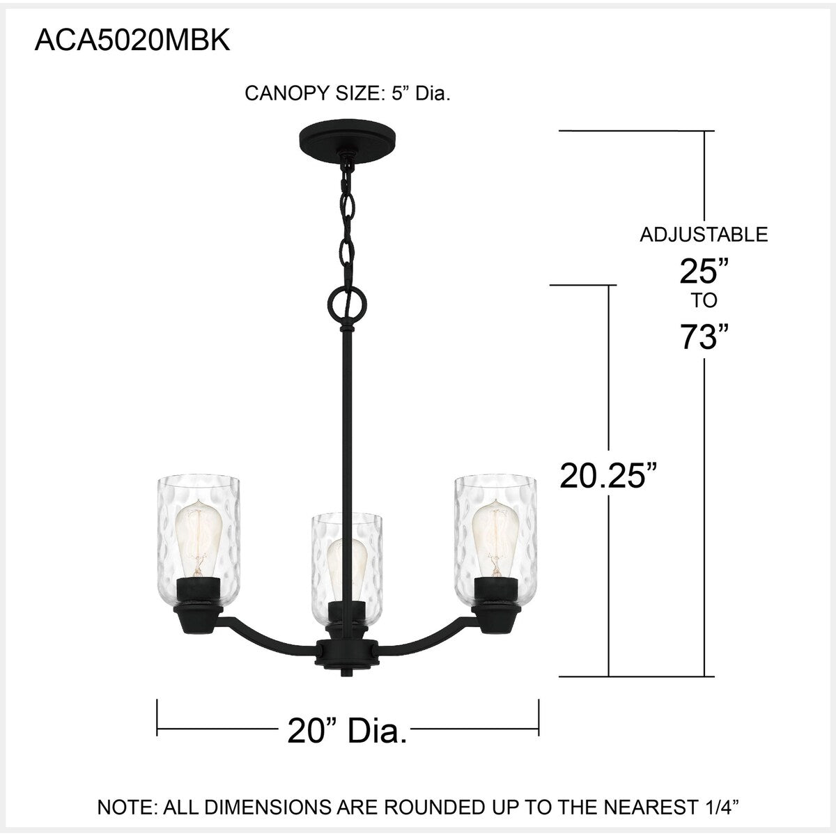 Acacia 3-Light Matte Black Chandelier with Clear Water Glass