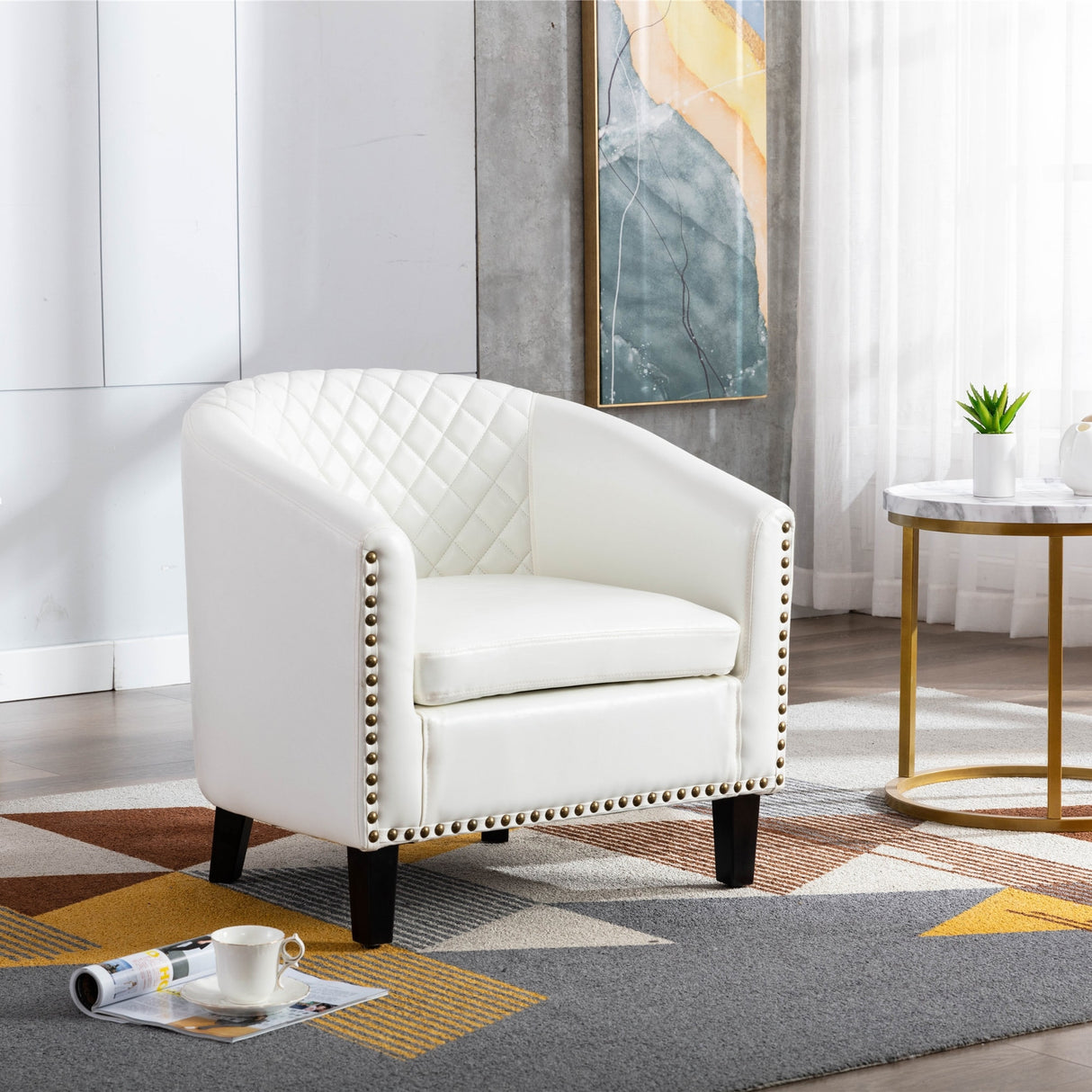 Accent Barrel Chair Living Room With Nailheads And Solid Wood Legs