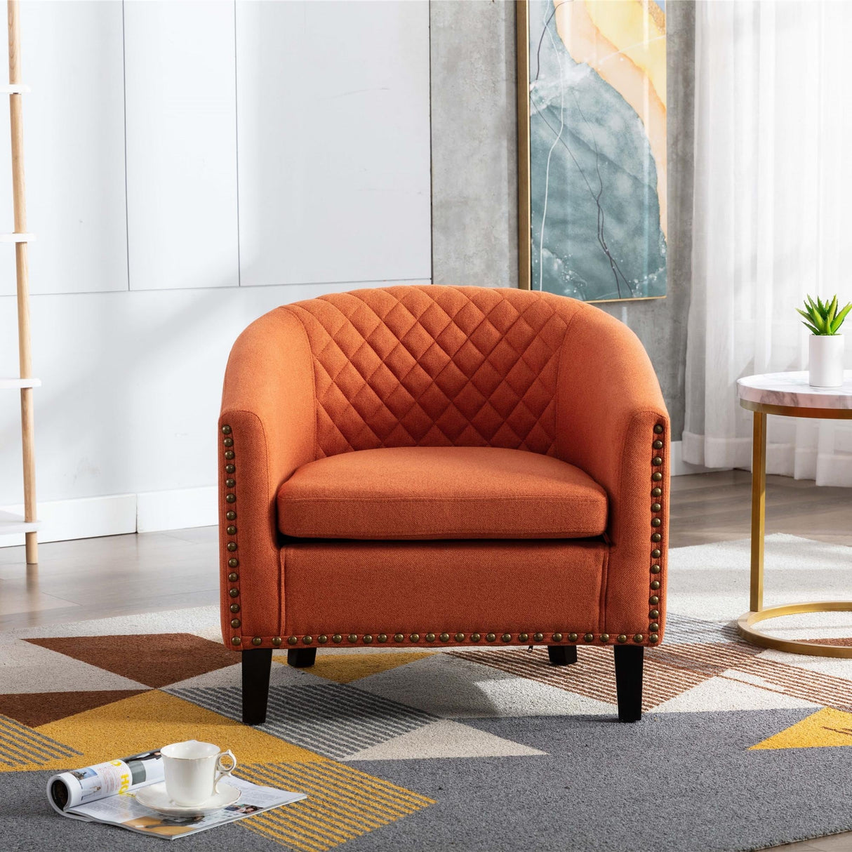 Accent Barrel Chair Living Room With Nailheads And Solid Wood Legs