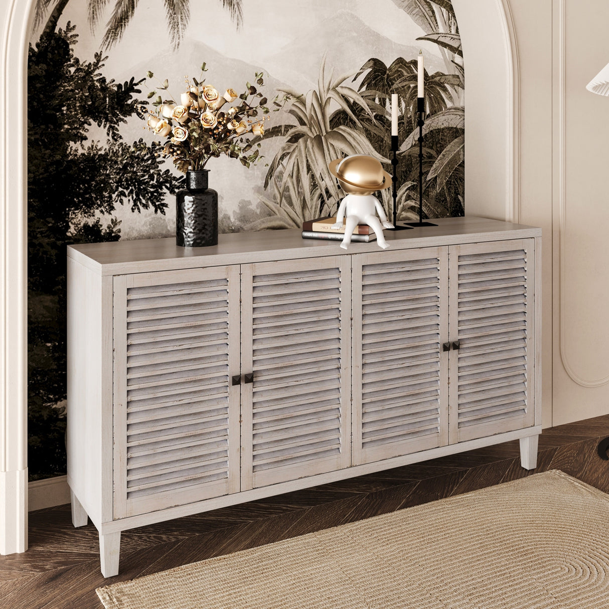 Accent Cabinet 4 Shutter Door Wooden Cabinet Sideboard Buffet