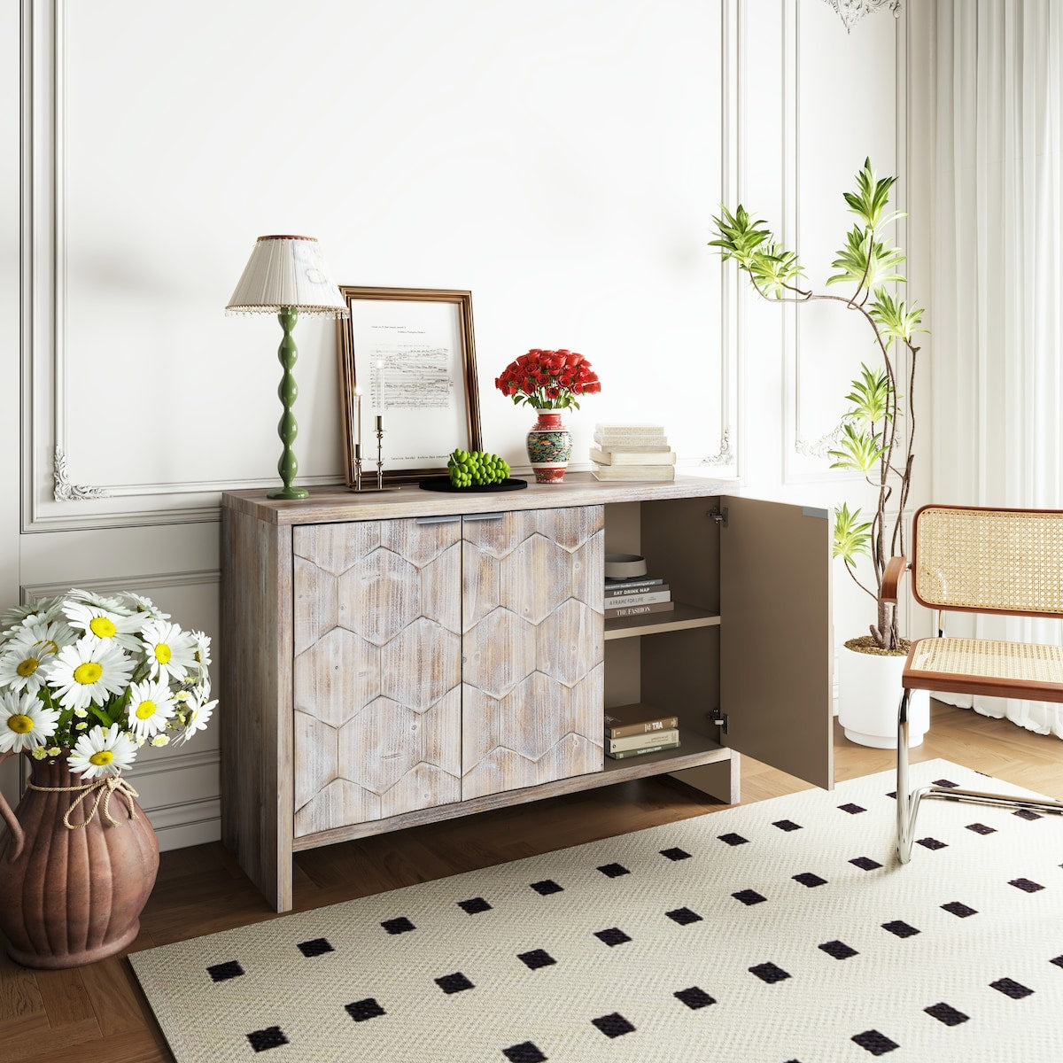 Accent Cabinet Farmhouse Style 3 Door Wooden Cabinet Sideboard Buffet Server Cabinet Storage Cabinet