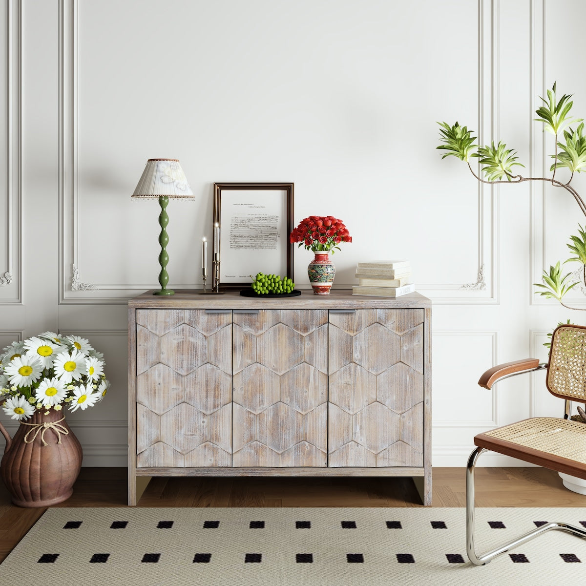 Accent Cabinet Farmhouse Style 3 Door Wooden Cabinet Sideboard Buffet Server Cabinet Storage Cabinet