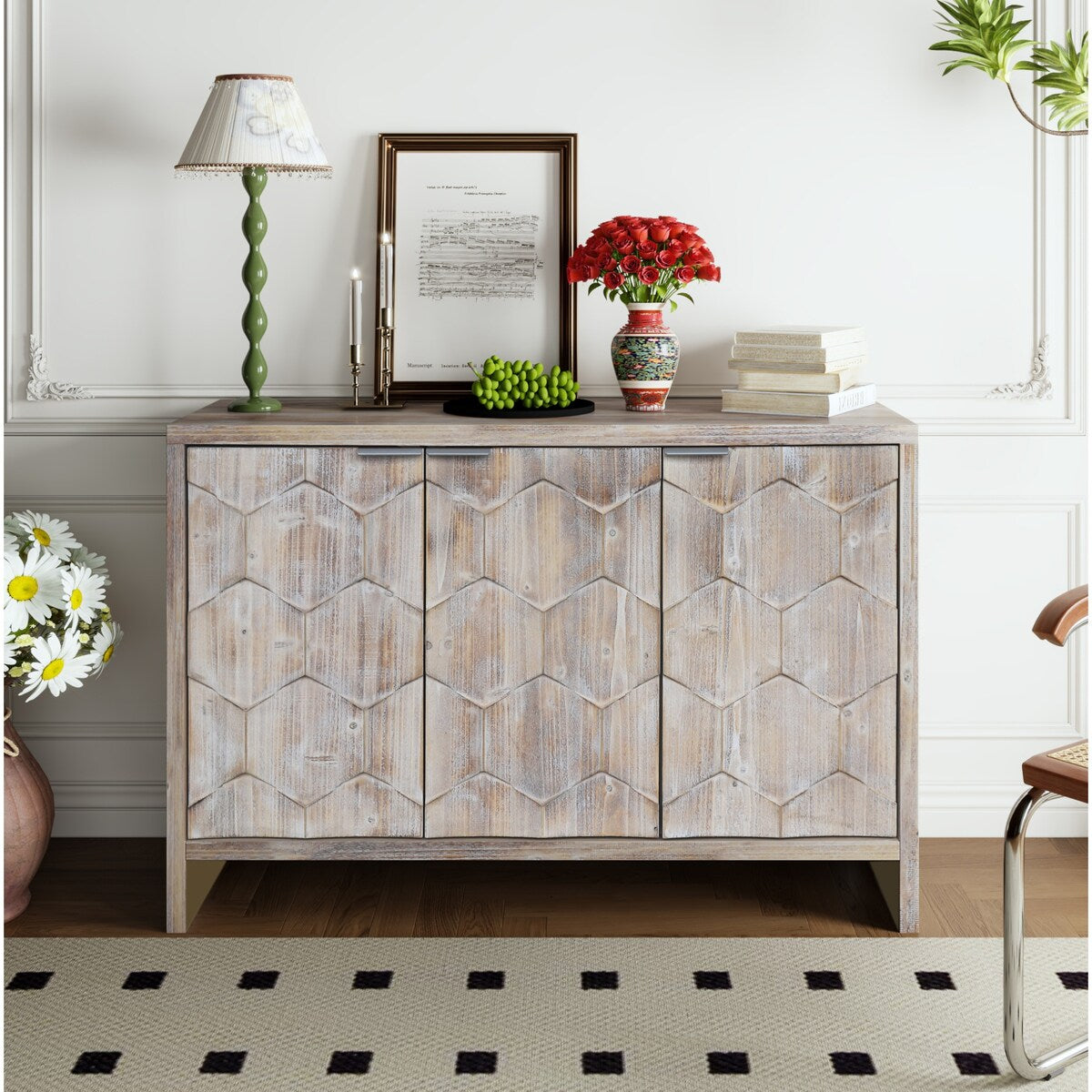 Accent Cabinet Farmhouse Style 3 Door Wooden Cabinet Sideboard Buffet Server Cabinet Storage Cabinet