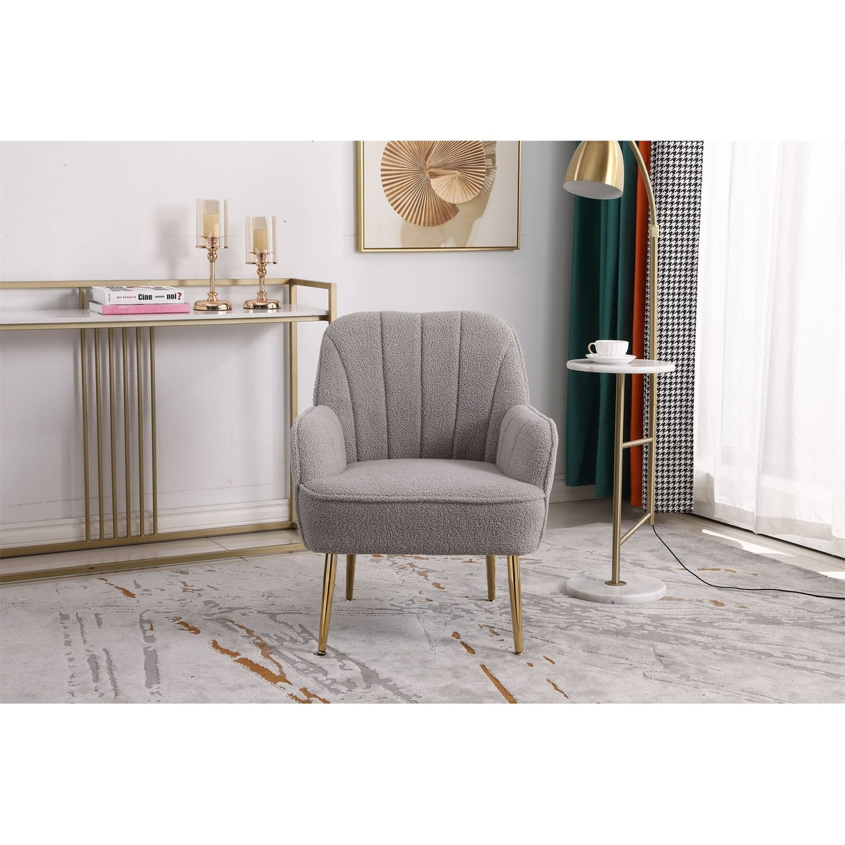 Accent Chair Modern Mid Century Upholstered Arm Chair Lambskin Sherpa Armchair with Gold Legs for Living Room Bedroom