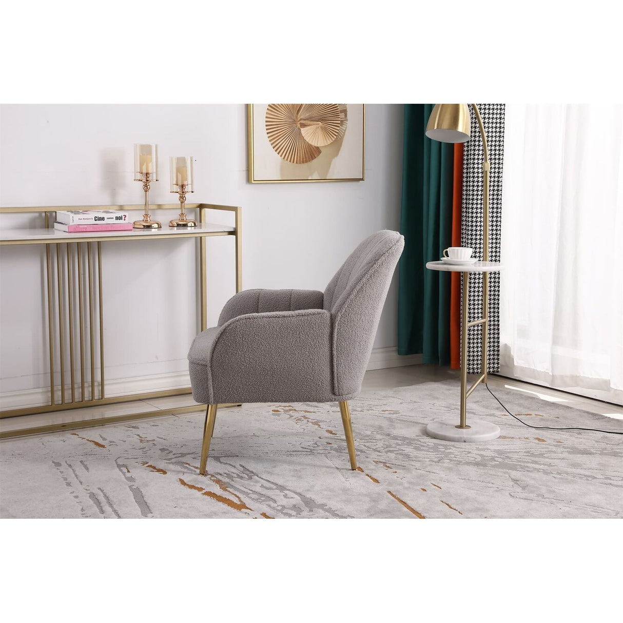 Accent Chair Modern Mid Century Upholstered Arm Chair Lambskin Sherpa Armchair with Gold Legs for Living Room Bedroom