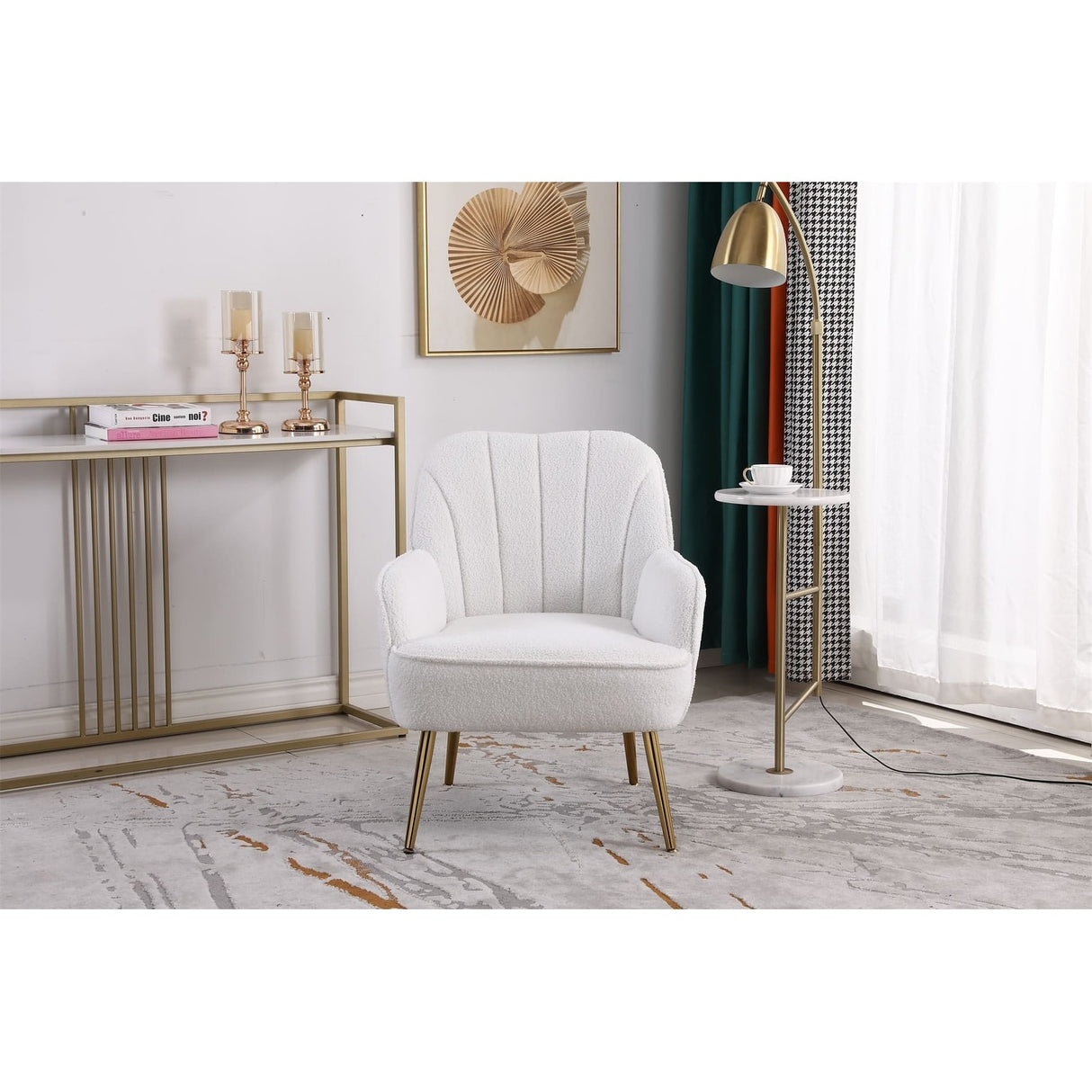 Accent Chair Modern Mid Century Upholstered Arm Chair Lambskin Sherpa Armchair with Gold Legs for Living Room Bedroom