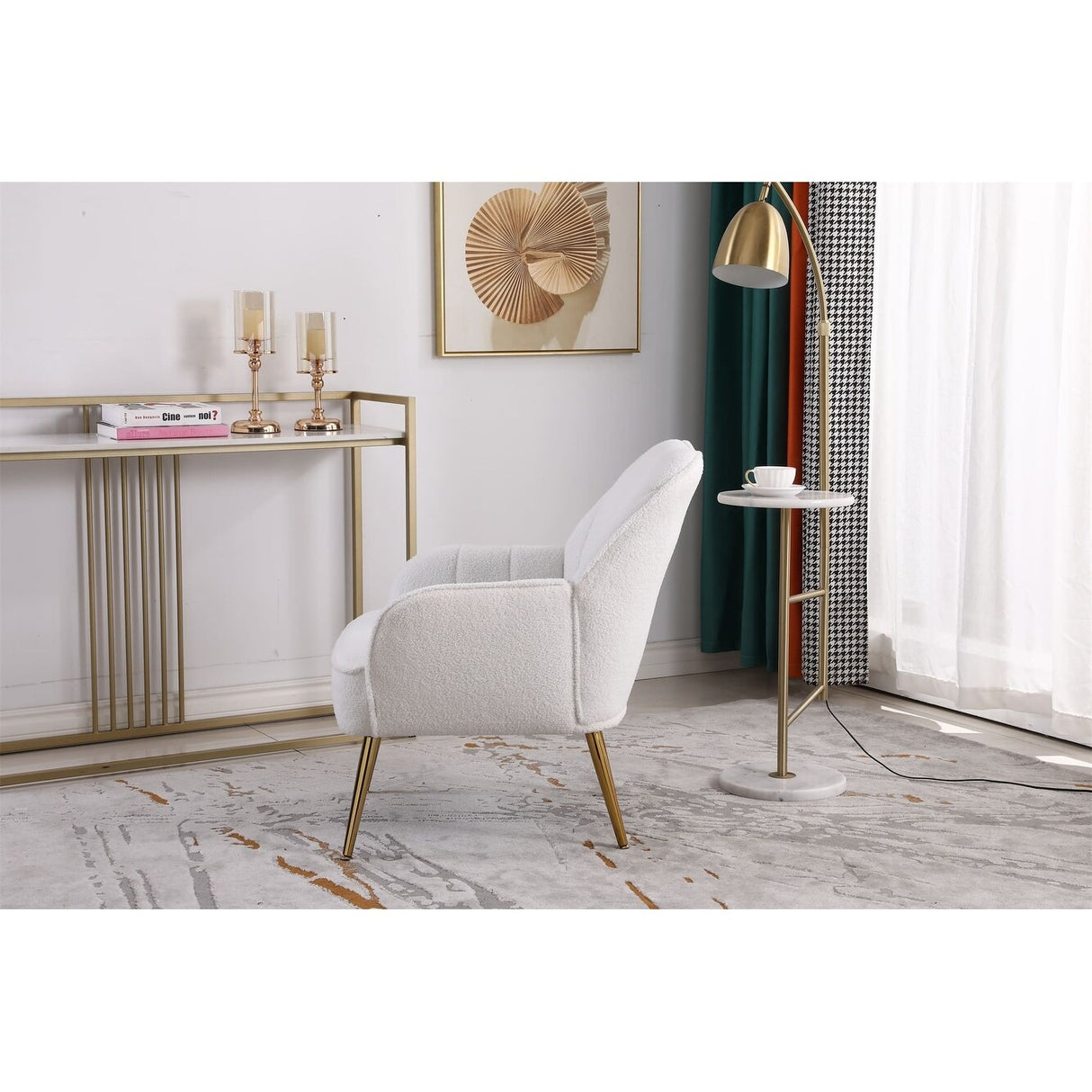 Accent Chair Modern Mid Century Upholstered Arm Chair Lambskin Sherpa Armchair with Gold Legs for Living Room Bedroom