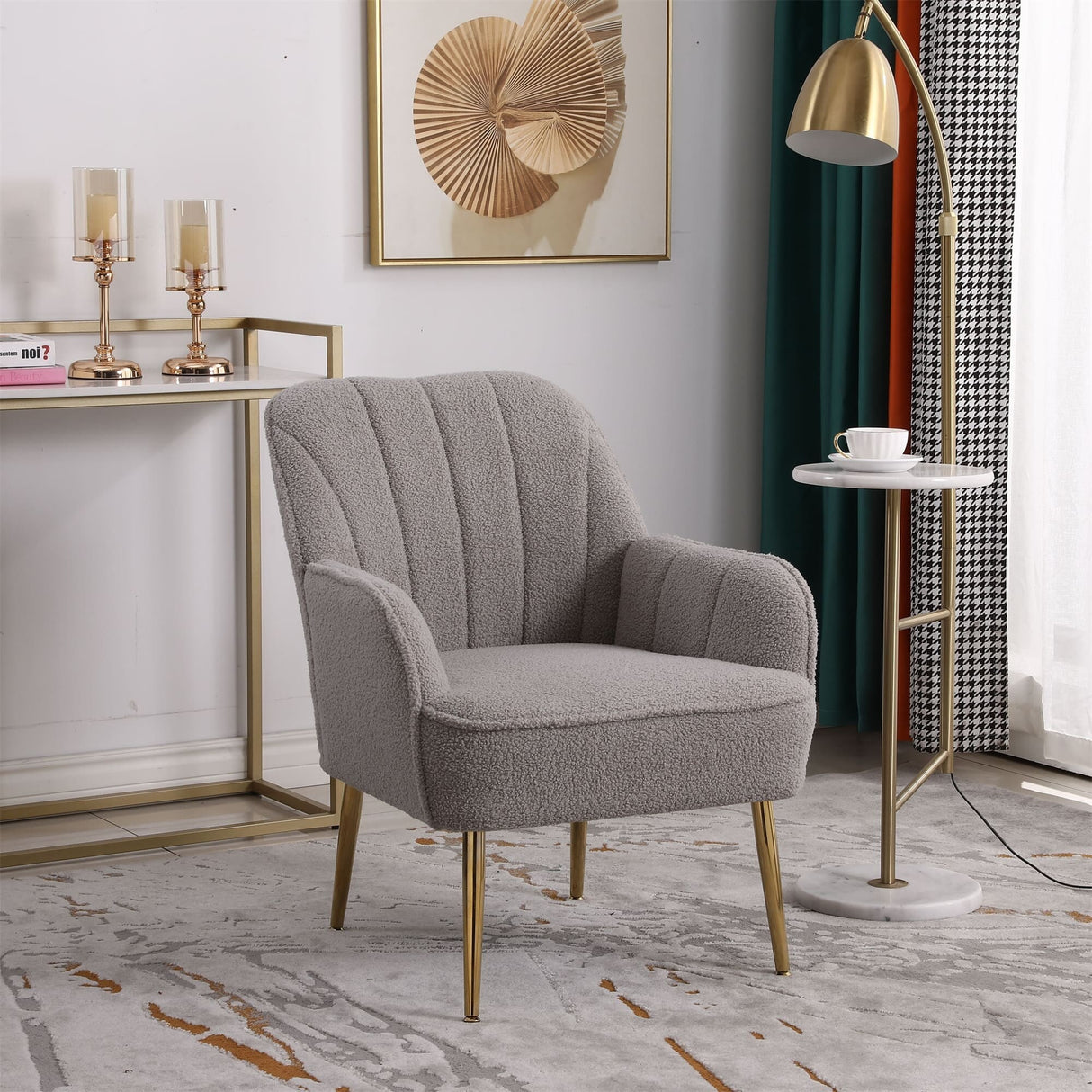Accent Chair Modern Mid Century Upholstered Arm Chair Lambskin Sherpa Armchair with Gold Legs for Living Room Bedroom