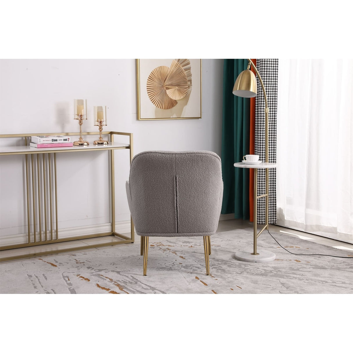 Accent Chair Modern Mid Century Upholstered Arm Chair Lambskin Sherpa Armchair with Gold Legs for Living Room Bedroom