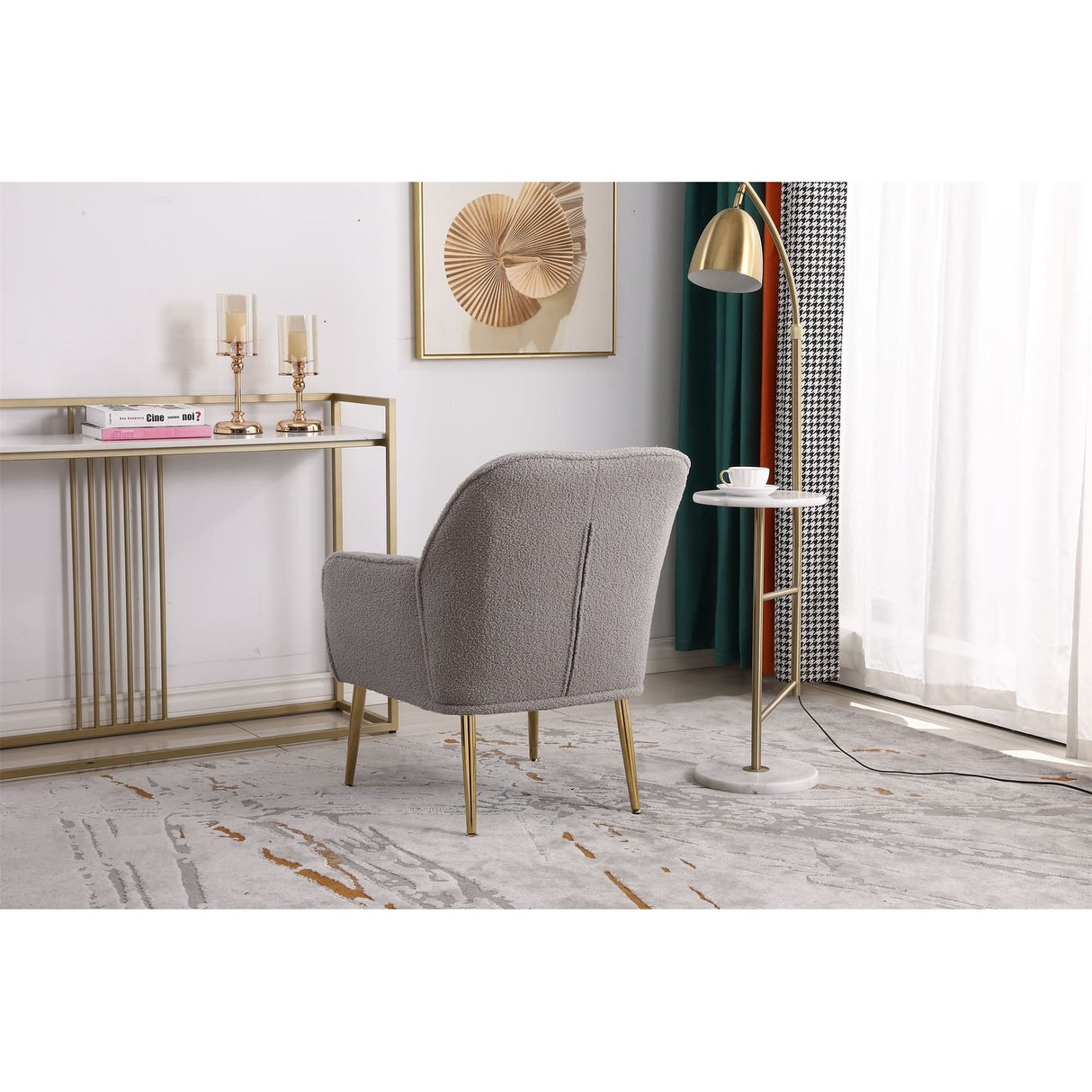 Accent Chair Modern Mid Century Upholstered Arm Chair Lambskin Sherpa Armchair with Gold Legs for Living Room Bedroom