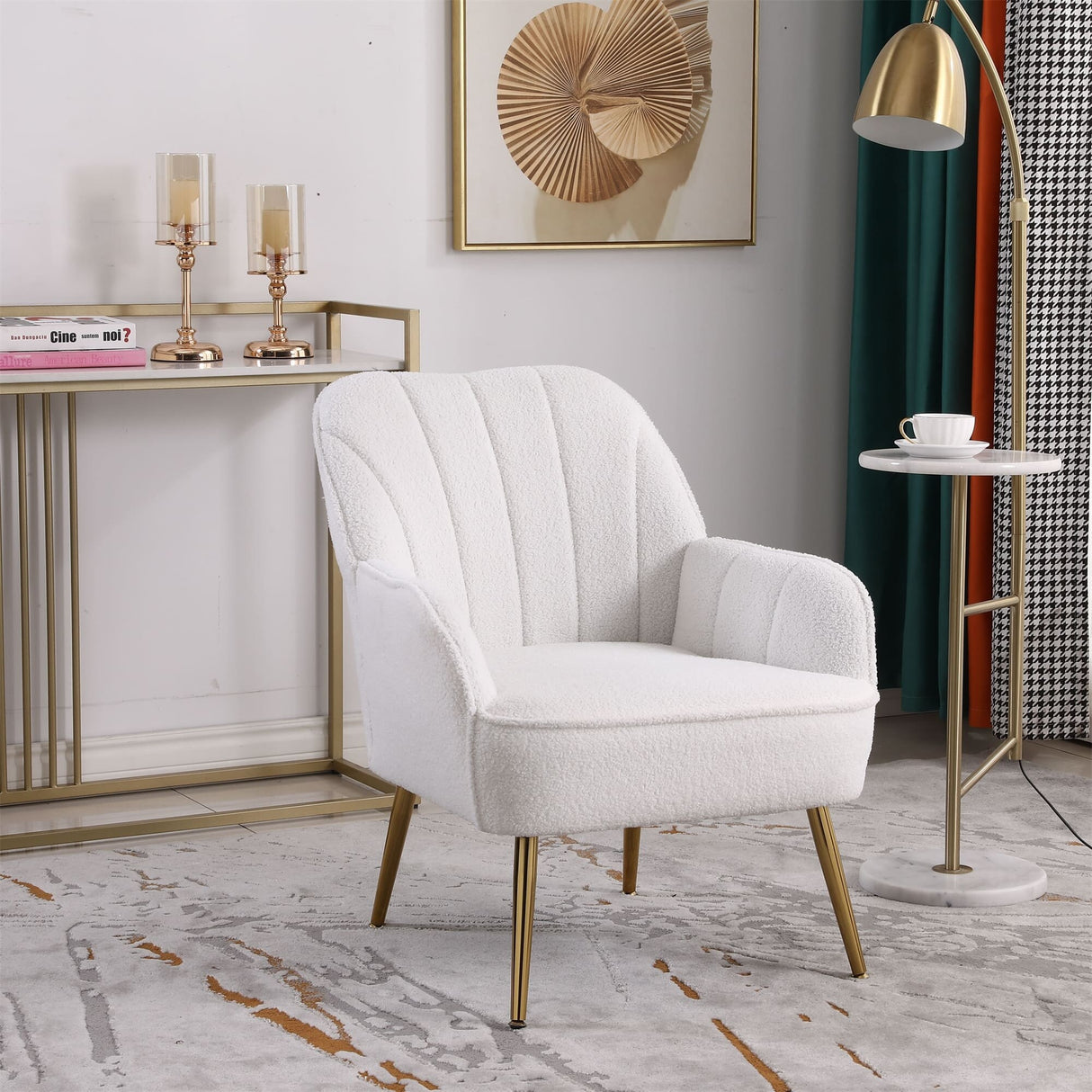 Accent Chair Modern Mid Century Upholstered Arm Chair Lambskin Sherpa Armchair with Gold Legs for Living Room Bedroom