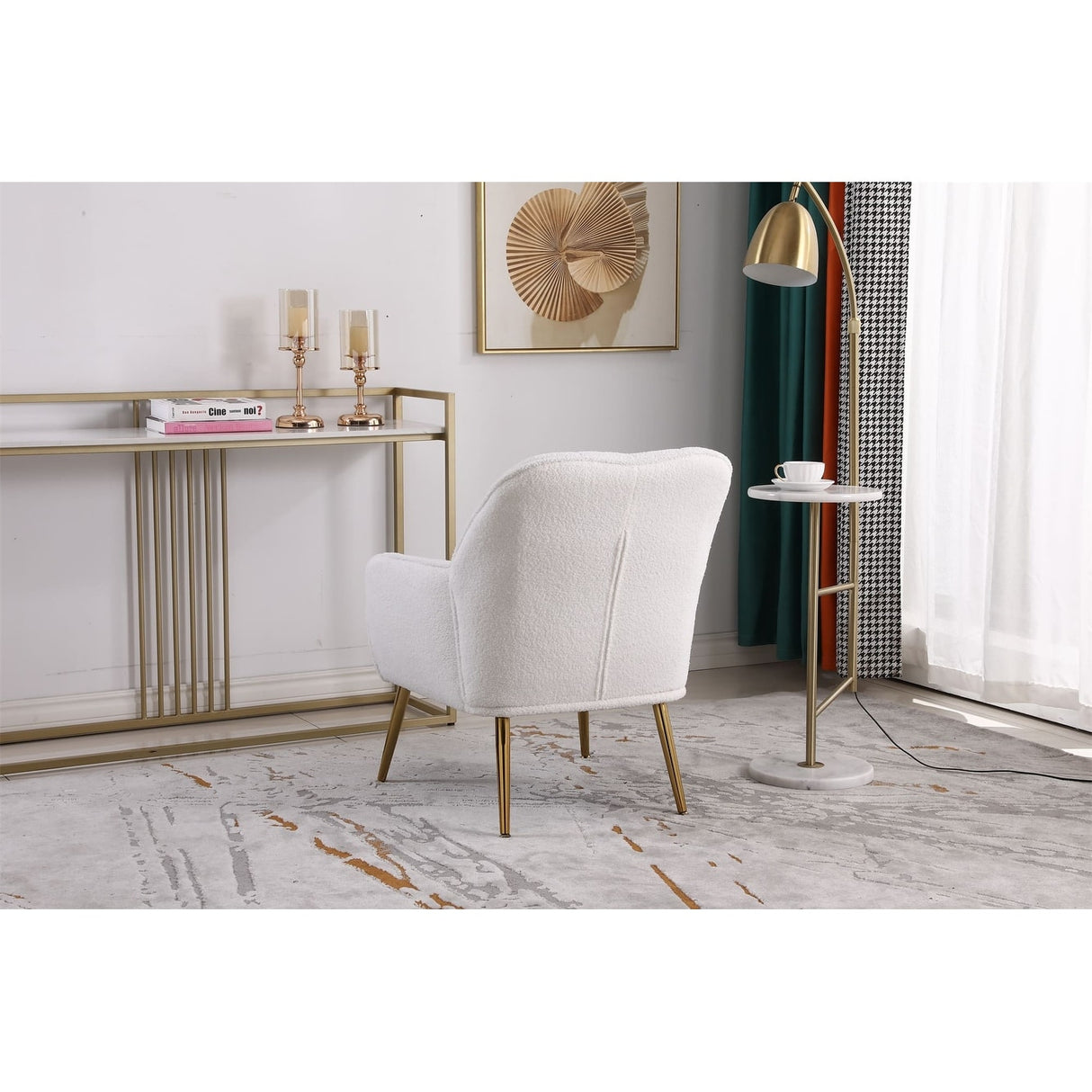 Accent Chair Modern Mid Century Upholstered Arm Chair Lambskin Sherpa Armchair with Gold Legs for Living Room Bedroom
