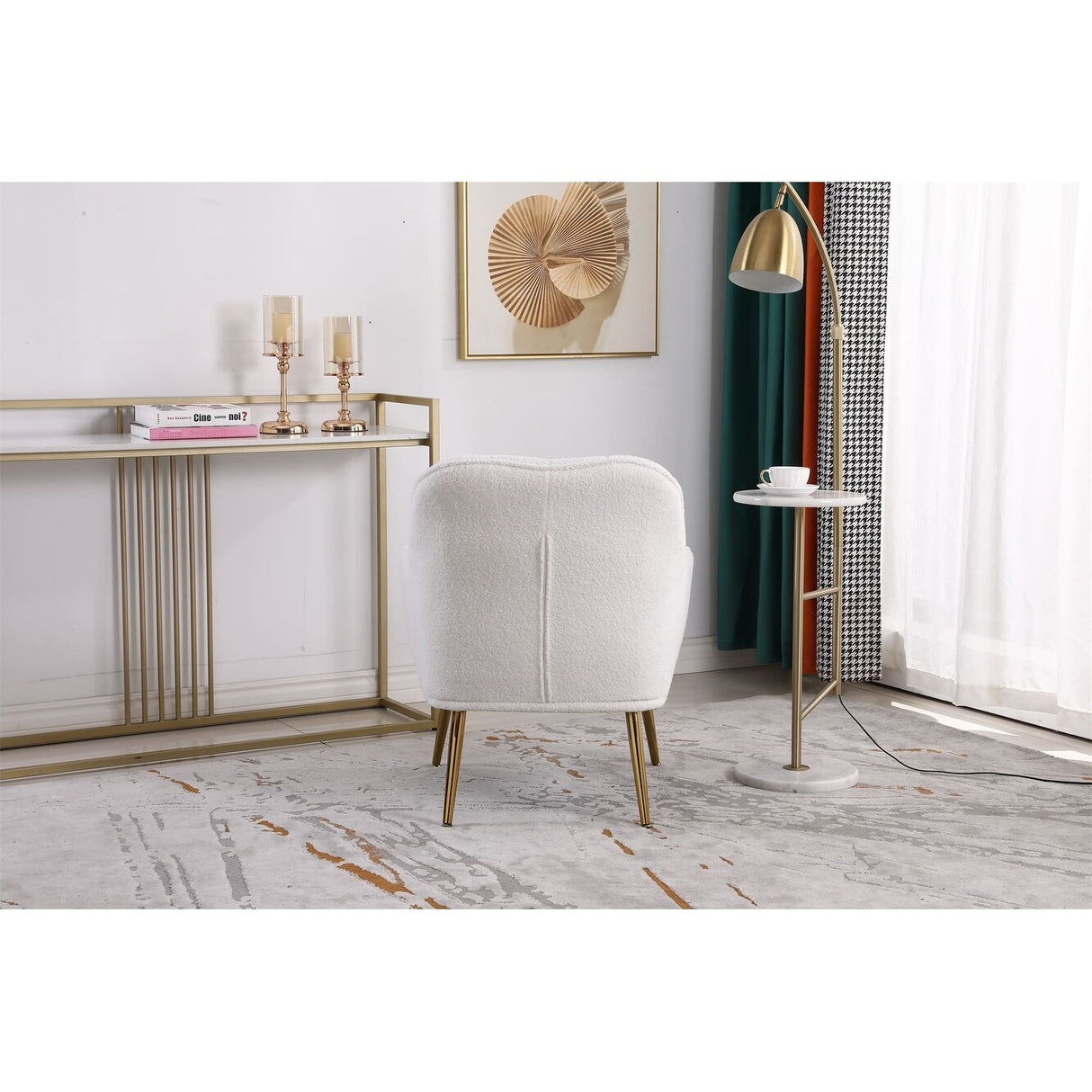 Accent Chair Modern Mid Century Upholstered Arm Chair Lambskin Sherpa Armchair with Gold Legs for Living Room Bedroom