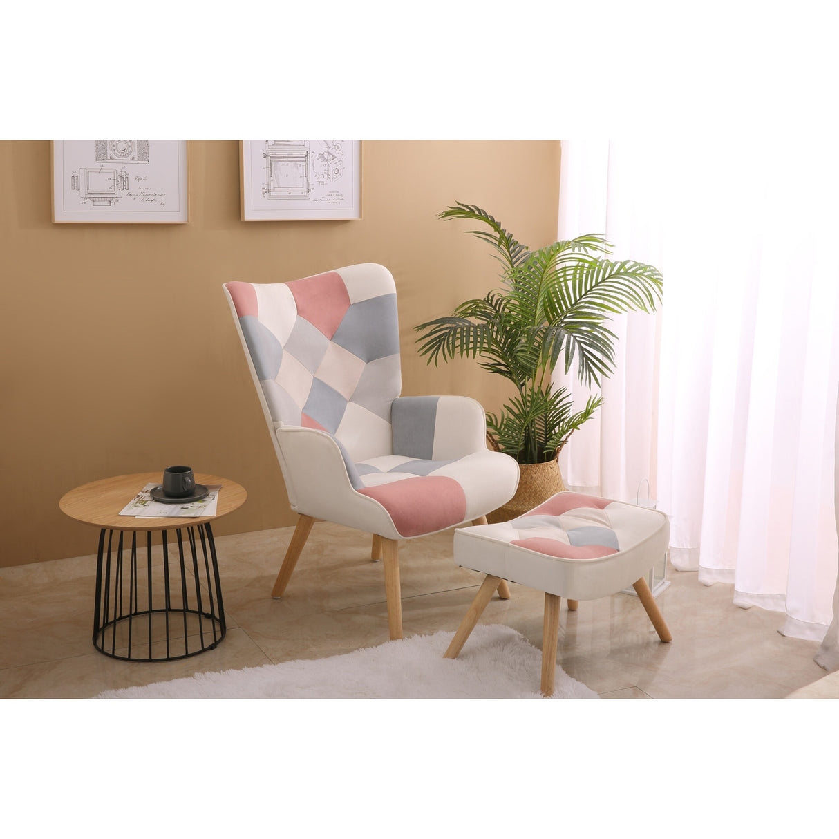 Patchwork Upholstered Accent Chair with Ottoman