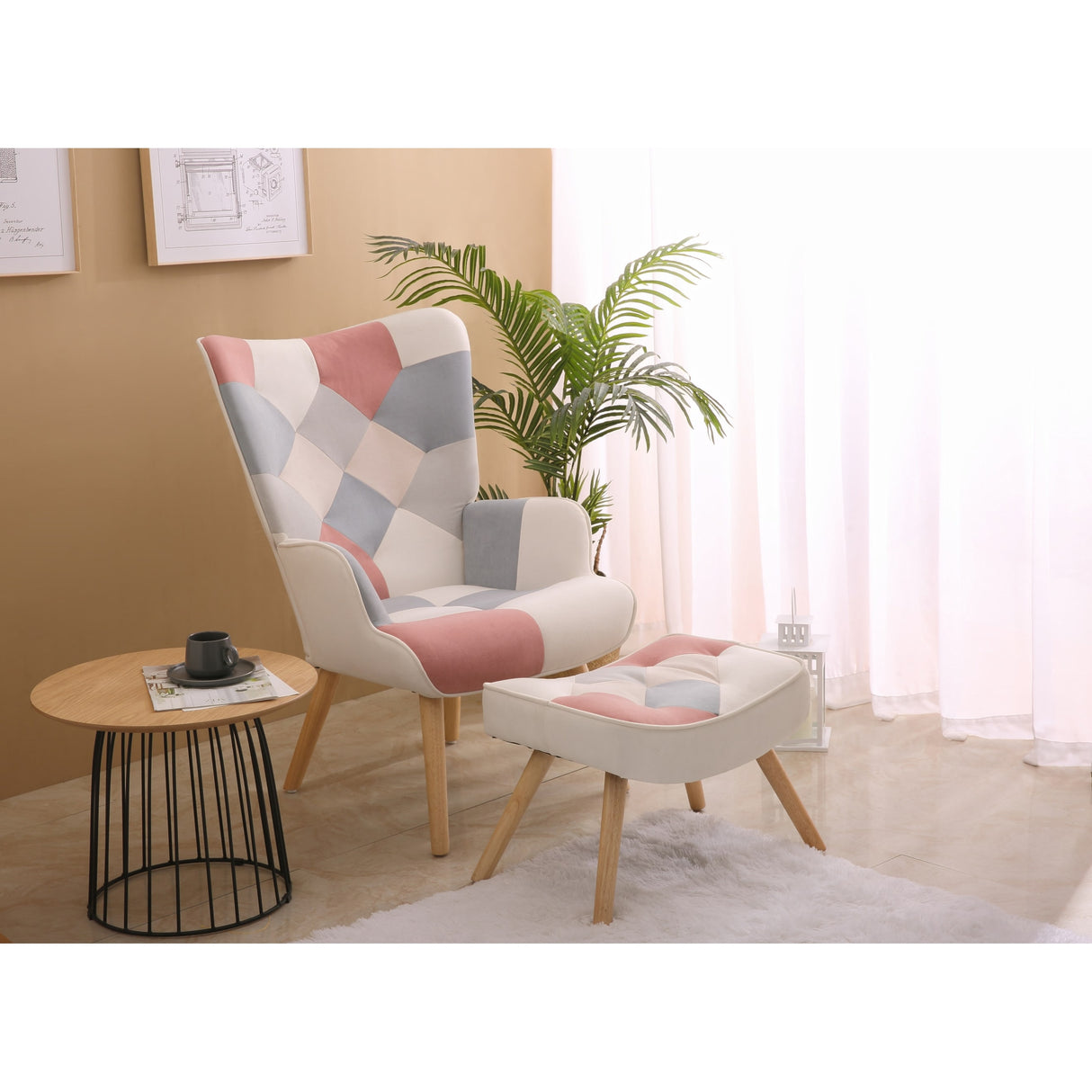 Patchwork Upholstered Accent Chair with Ottoman