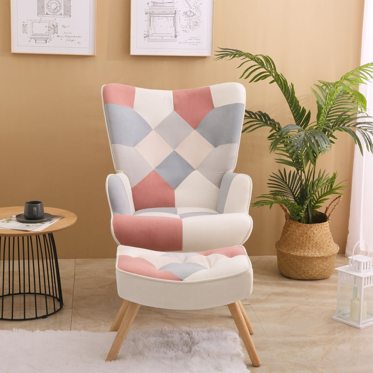 Patchwork Upholstered Accent Chair with Ottoman
