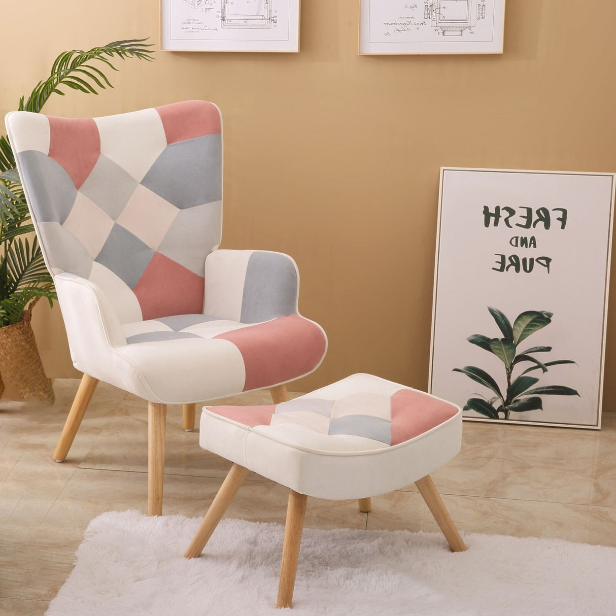 Patchwork Upholstered Accent Chair with Ottoman