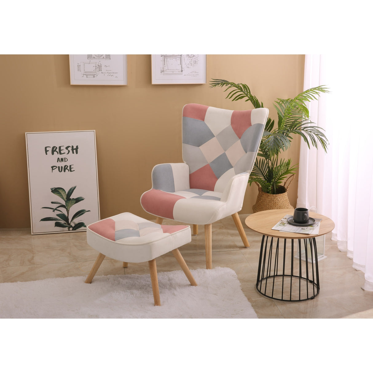 Patchwork Upholstered Accent Chair with Ottoman