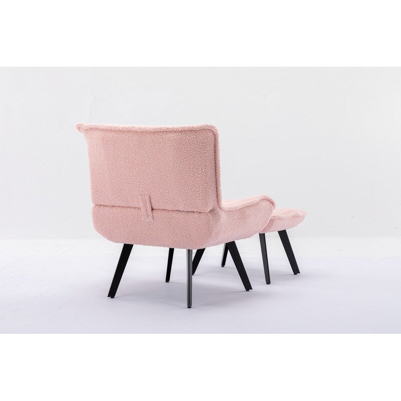 Accent Chair with Ottoman,Teddy Fabric Leisure Reading Chair and Footrest,Pink