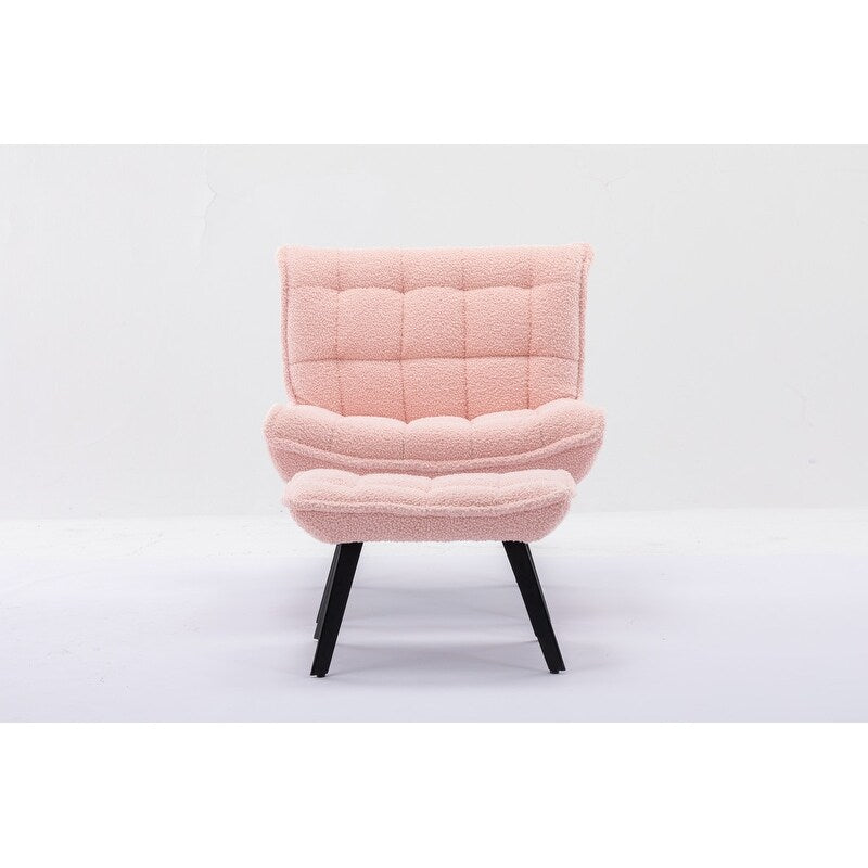 Accent Chair with Ottoman,Teddy Fabric Leisure Reading Chair and Footrest,Pink