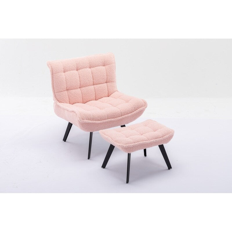 Accent Chair with Ottoman,Teddy Fabric Leisure Reading Chair and Footrest,Pink