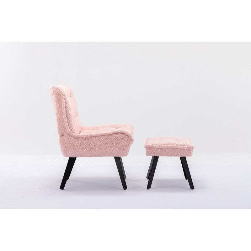 Accent Chair with Ottoman,Teddy Fabric Leisure Reading Chair and Footrest,Pink