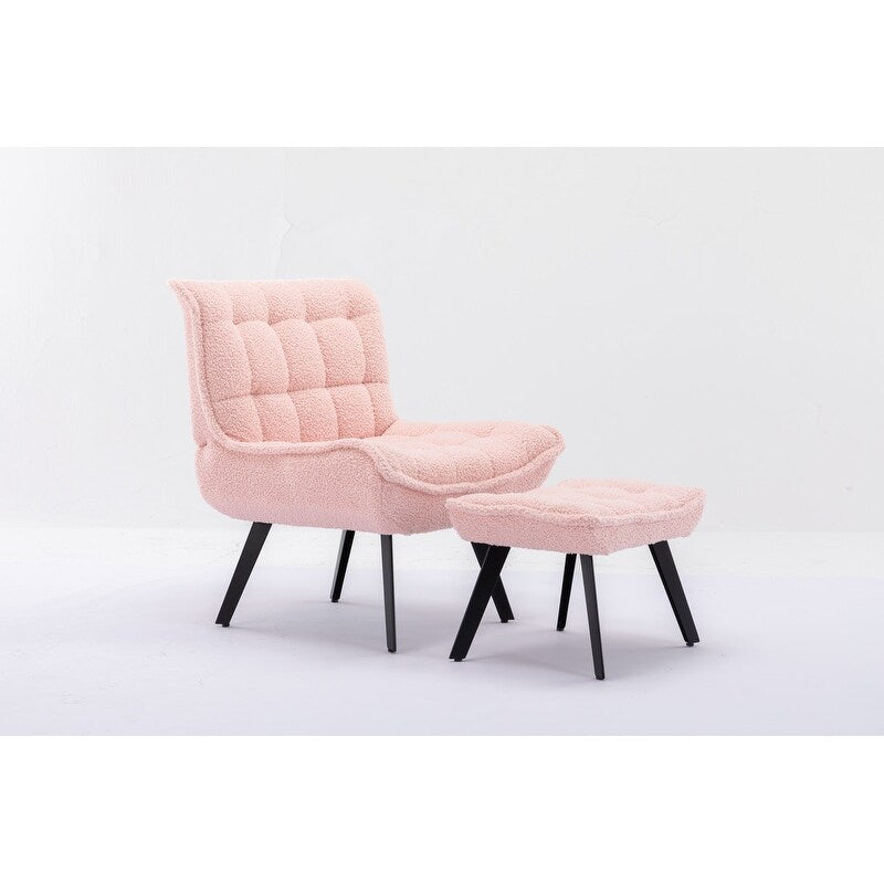 Accent Chair with Ottoman,Teddy Fabric Leisure Reading Chair and Footrest,Pink