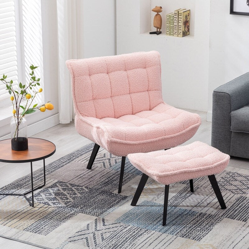 Accent Chair with Ottoman,Teddy Fabric Leisure Reading Chair and Footrest,Pink