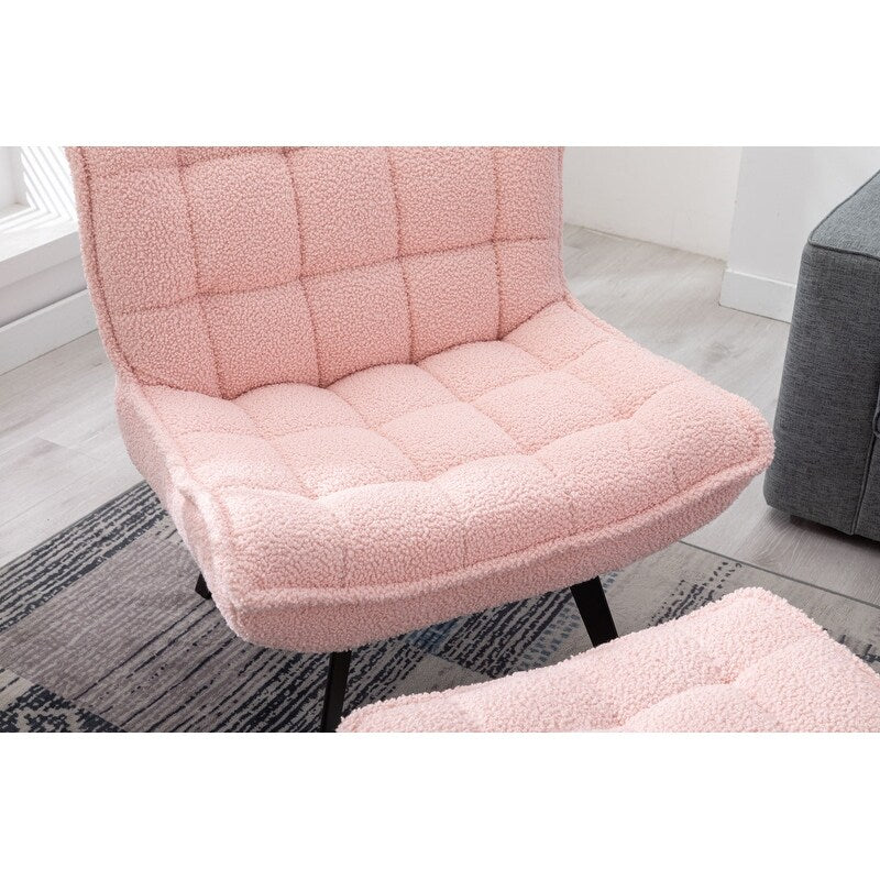 Accent Chair with Ottoman,Teddy Fabric Leisure Reading Chair and Footrest,Pink