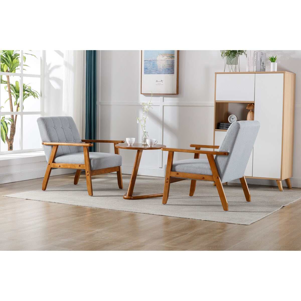 Accent Chairs Set of 2 with Side Table, Wood and Fabric Armchairs Side Chair, Lounge Reading Chair for Living Room