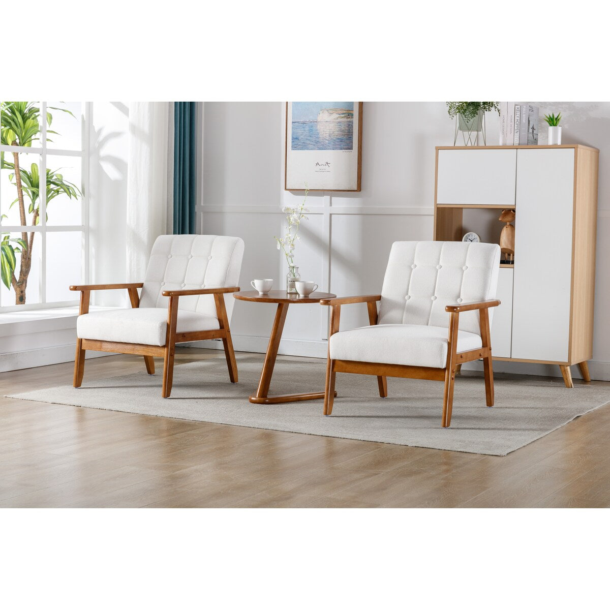 Accent Chairs Set of 2 with Side Table, Wood and Fabric Armchairs Side Chair, Lounge Reading Chair for Living Room