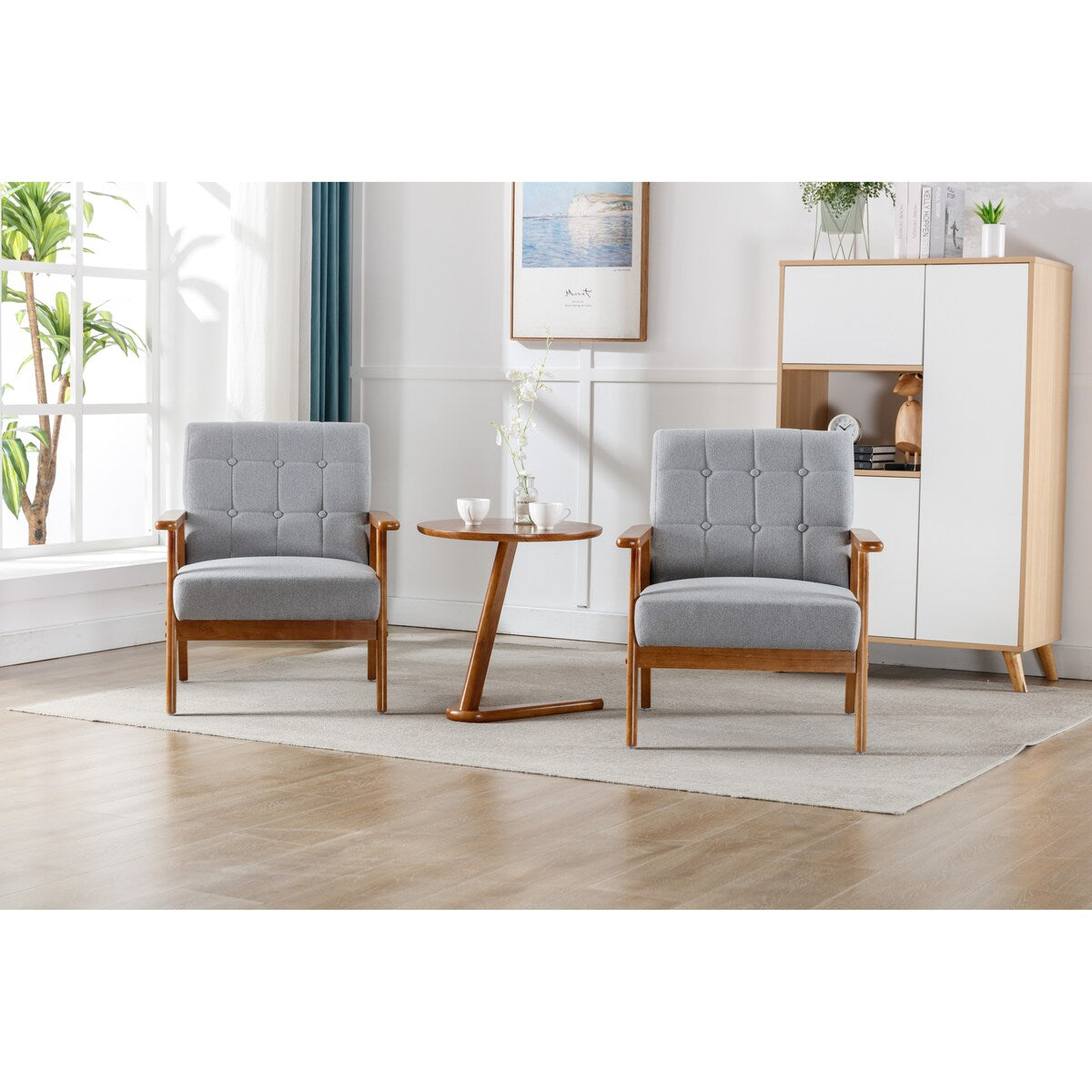 Accent Chairs Set of 2 with Side Table, Wood and Fabric Armchairs Side Chair, Lounge Reading Chair for Living Room