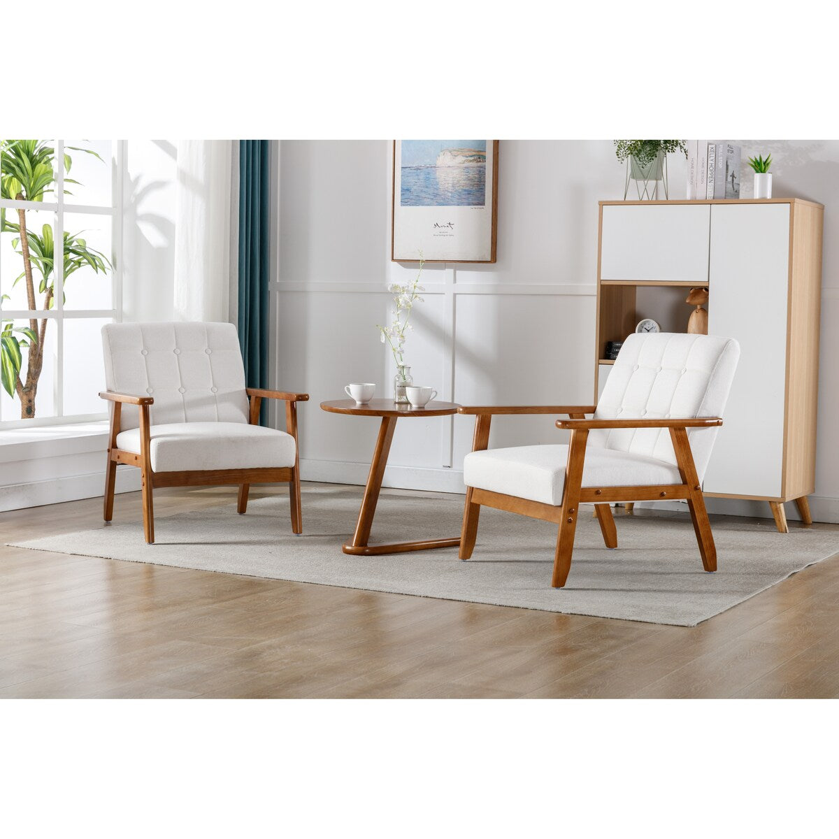 Accent Chairs Set of 2 with Side Table, Wood and Fabric Armchairs Side Chair, Lounge Reading Chair for Living Room