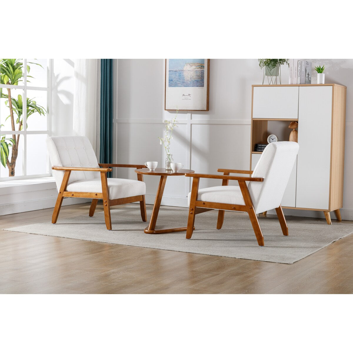 Accent Chairs Set of 2 with Side Table, Wood and Fabric Armchairs Side Chair, Lounge Reading Chair for Living Room