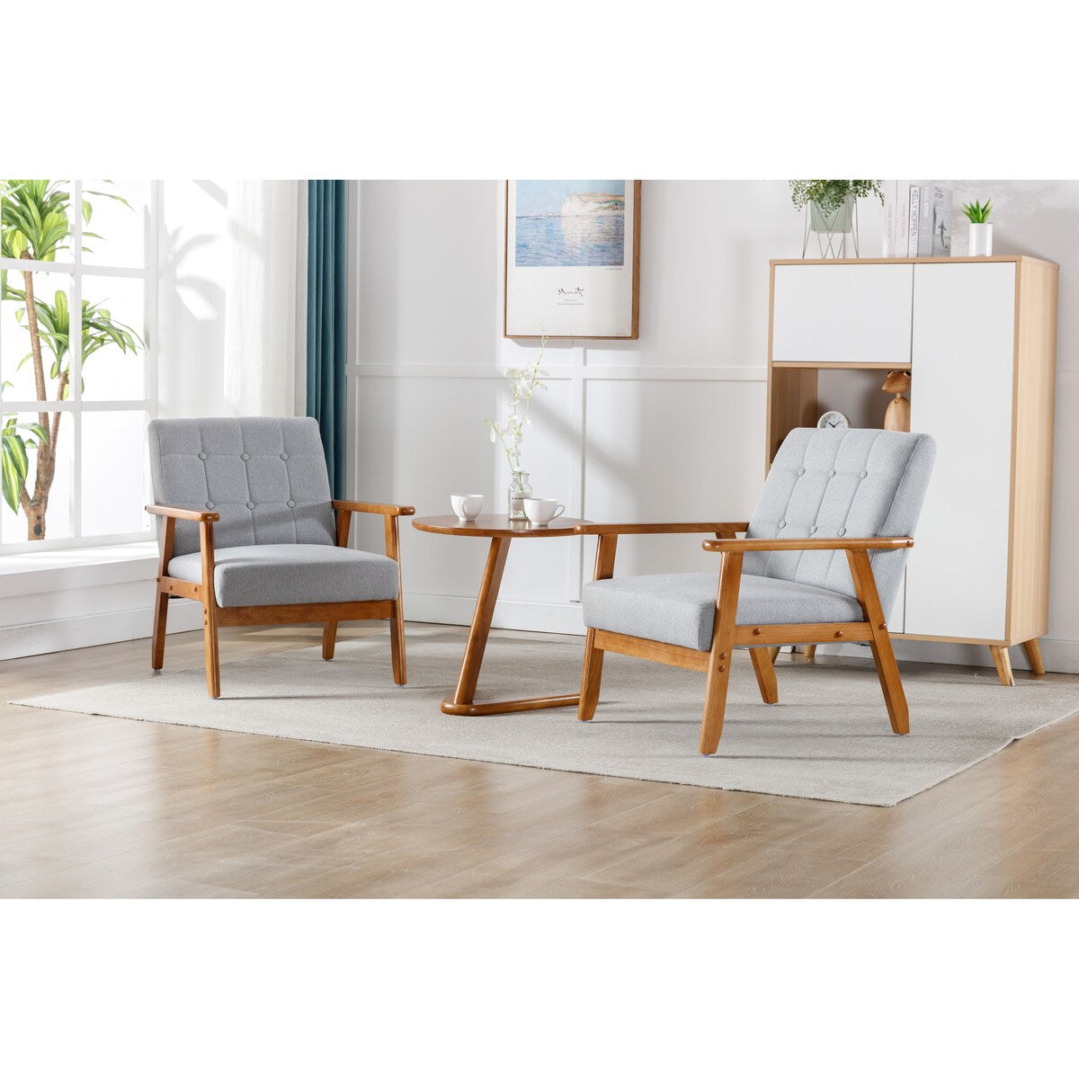 Accent Chairs Set of 2 with Side Table, Wood and Fabric Armchairs Side Chair, Lounge Reading Chair for Living Room
