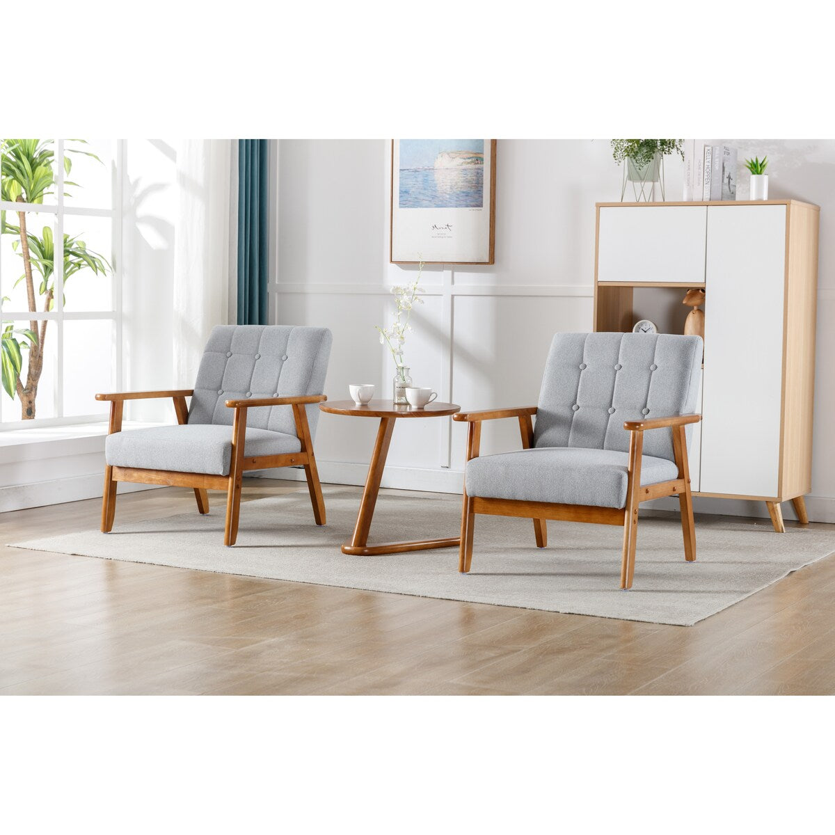 Accent Chairs Set of 2 with Side Table, Wood and Fabric Armchairs Side Chair, Lounge Reading Chair for Living Room