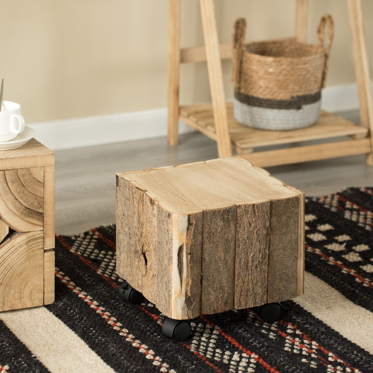 Accent Decorative Natural Wooden Square Stump Stool, with Wheels