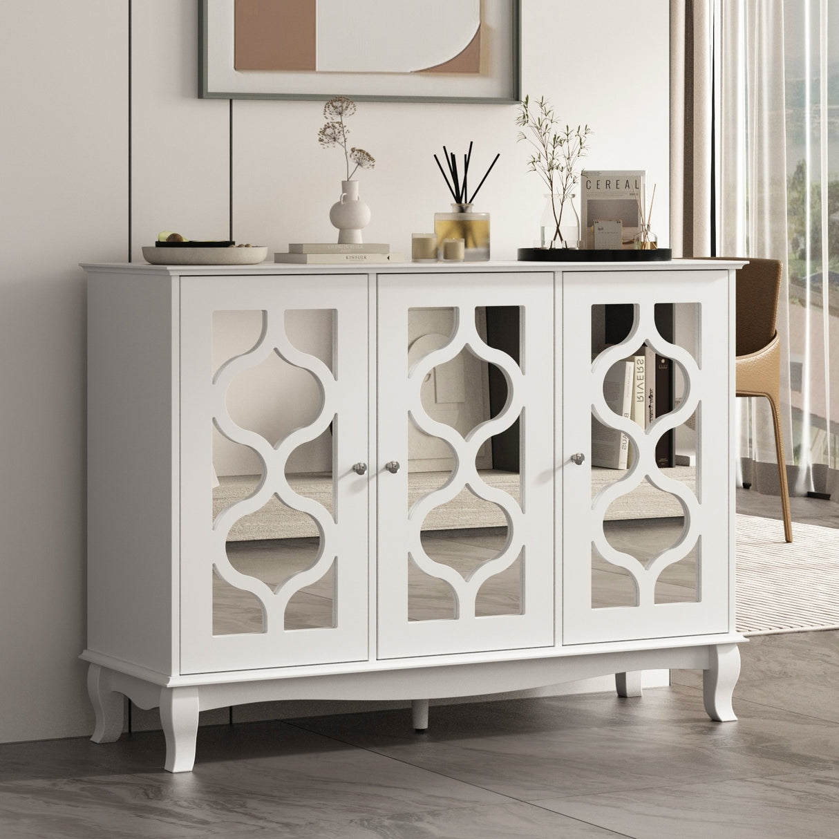 Accent Mirrored Doors Decorative Cabinet Buffet Sideboard Bookshelf