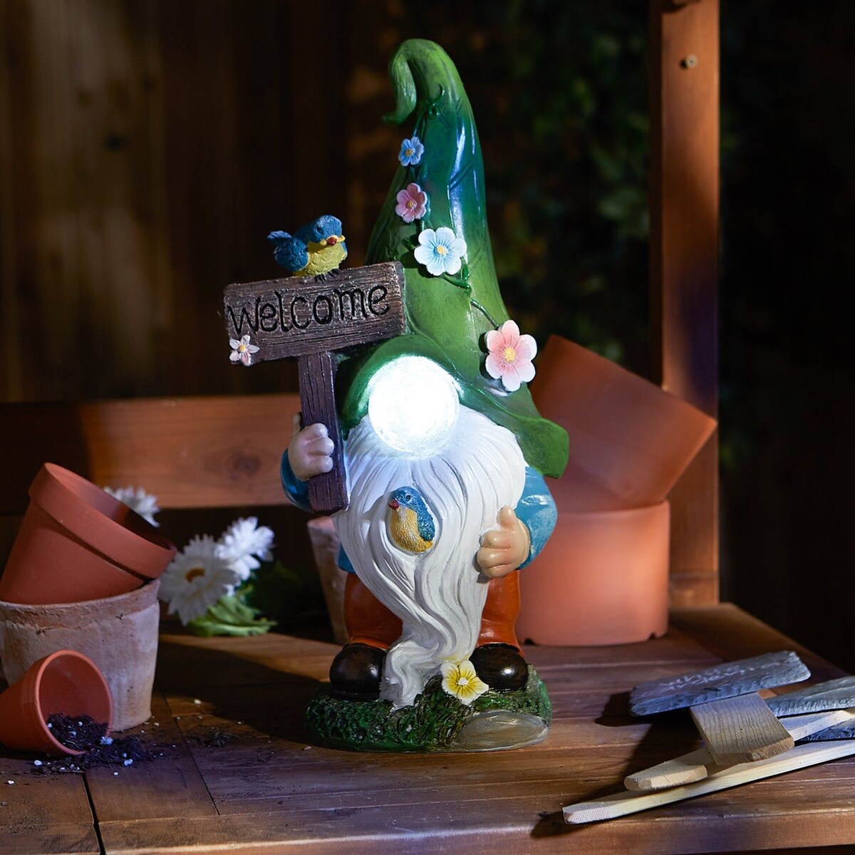 Accent Plus Home Decor Glowing Nose Gnome Welcome Sign Solar Statue - 8.5x5.9x16