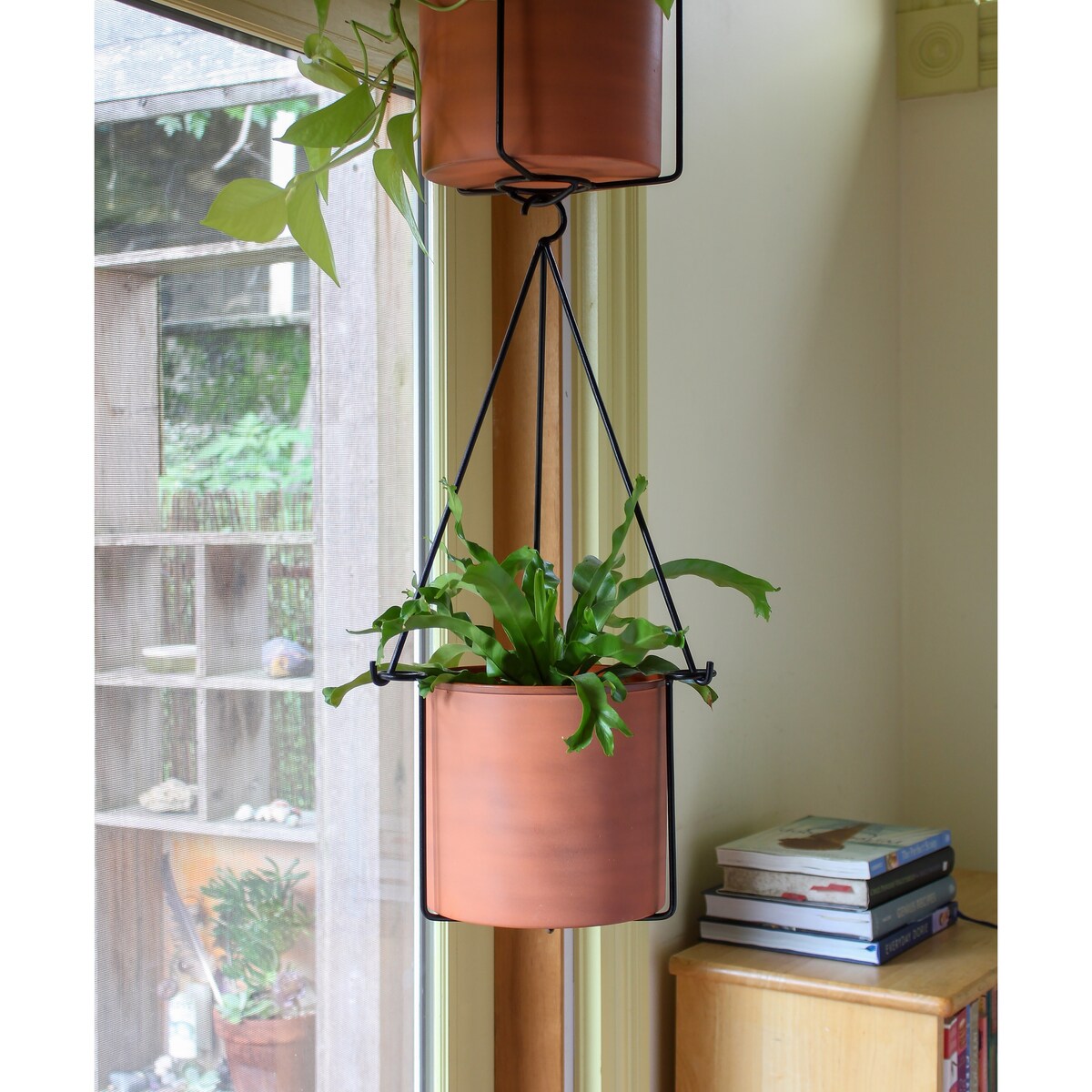 Achla Designs 22.5"H Black Wrought Iron Indoor Outdoor Vera Hanging Planter w/Cylindrical Galvanized Steel Pot
