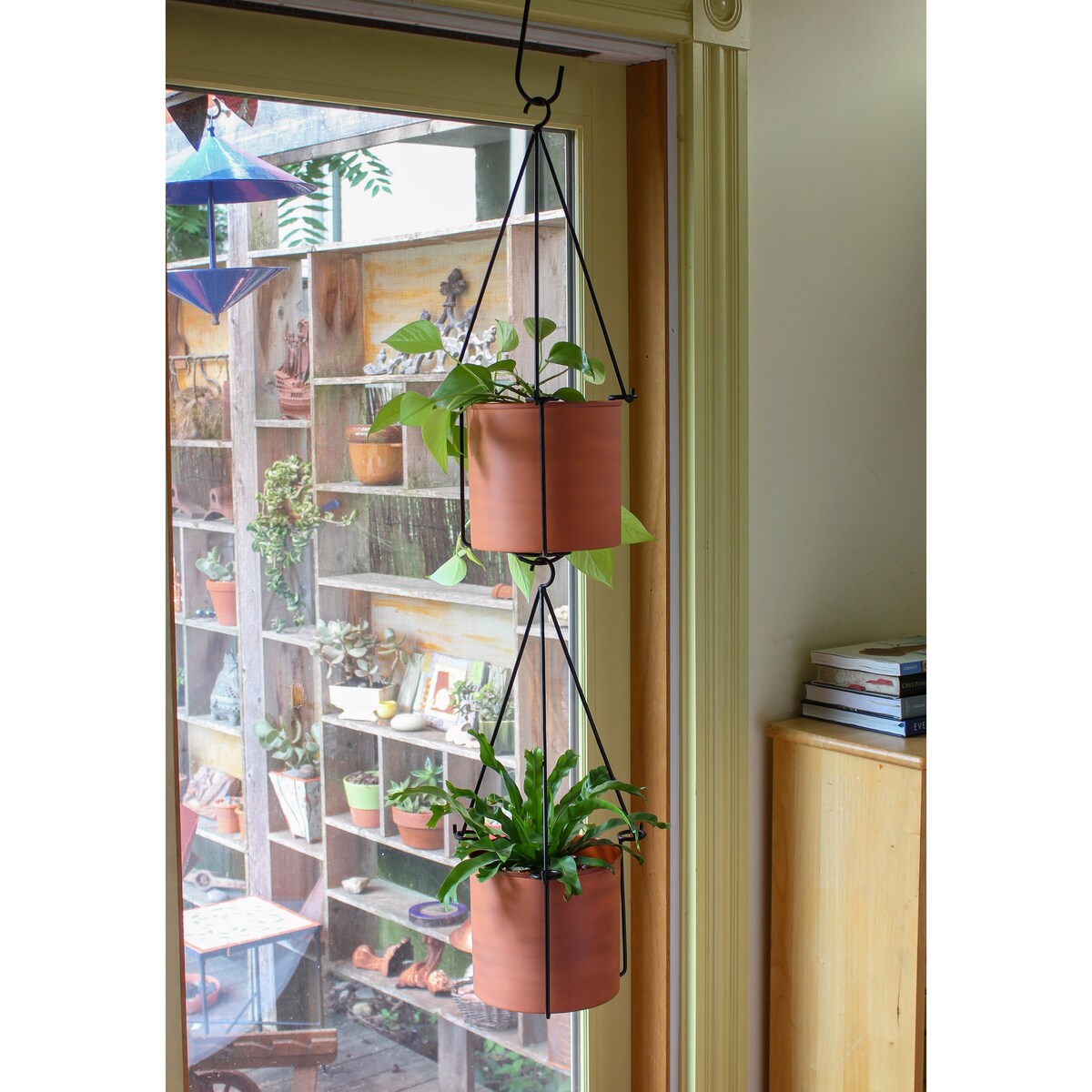 Achla Designs 22.5"H Black Wrought Iron Indoor Outdoor Vera Hanging Planter w/Cylindrical Galvanized Steel Pot