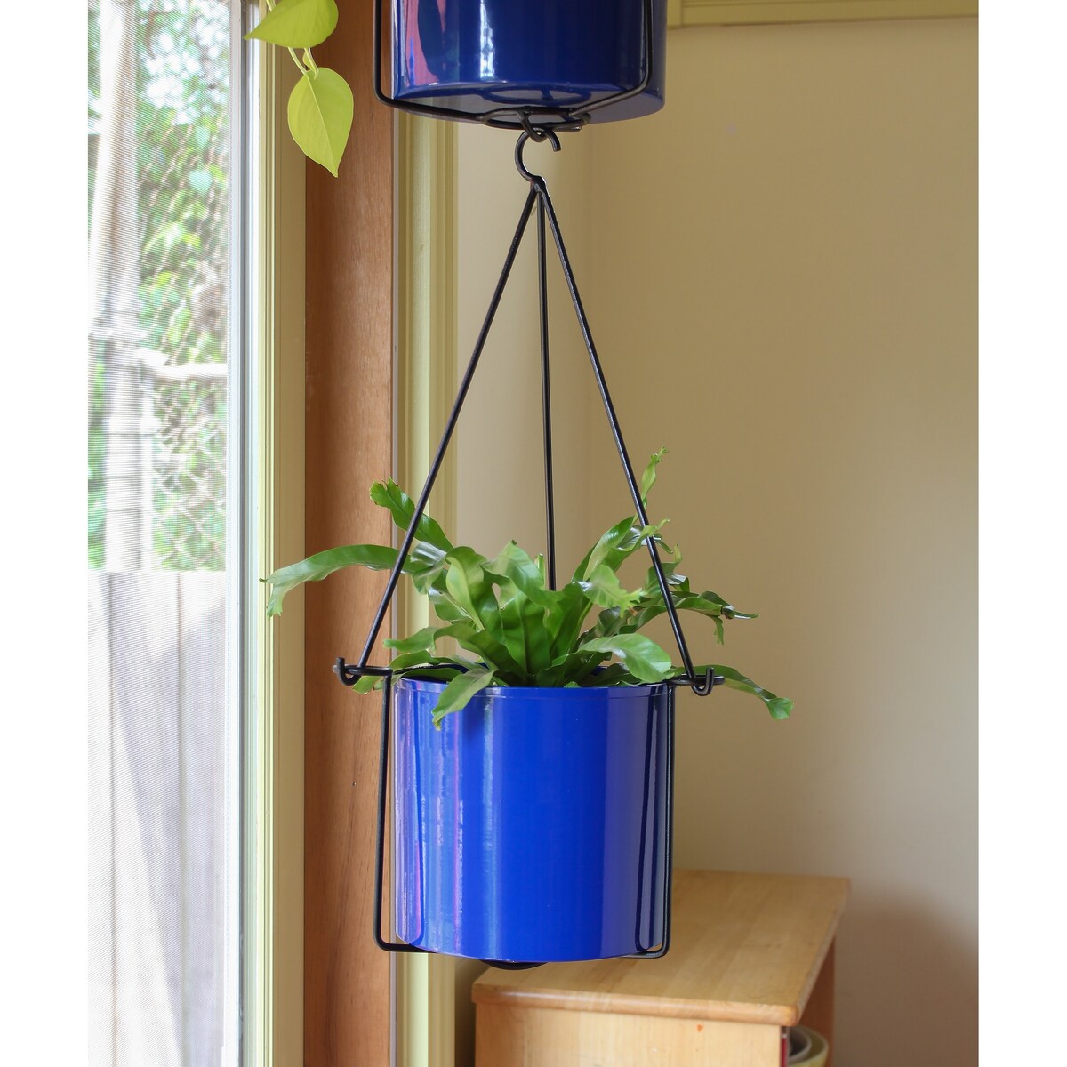 Achla Designs 22.5"H Black Wrought Iron Indoor Outdoor Vera Hanging Planter w/Cylindrical Galvanized Steel Pot