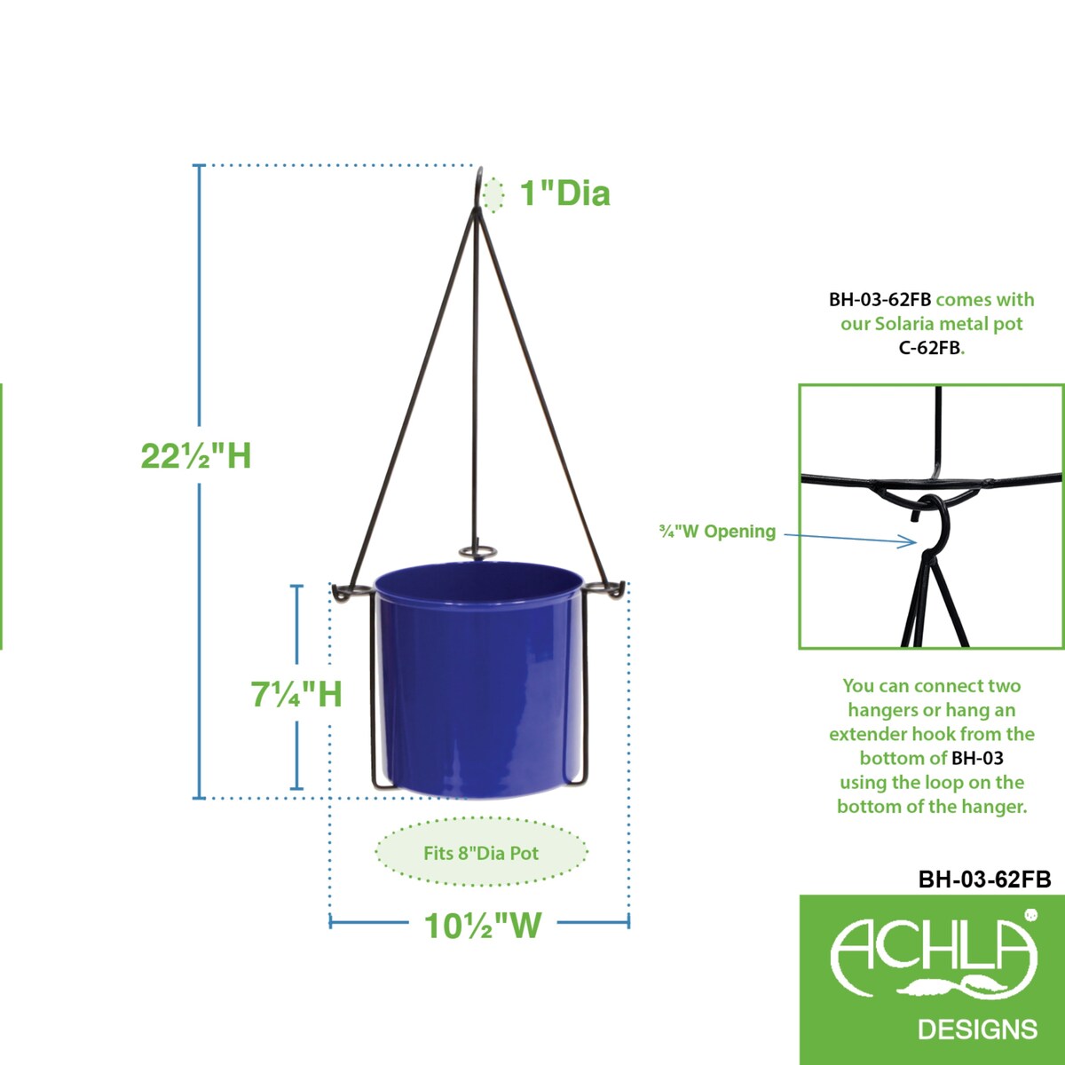 Achla Designs 22.5"H Black Wrought Iron Indoor Outdoor Vera Hanging Planter w/Cylindrical Galvanized Steel Pot
