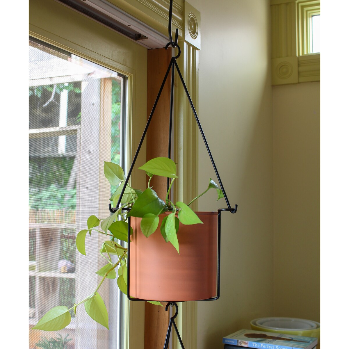 Achla Designs 22.5"H Black Wrought Iron Indoor Outdoor Vera Hanging Planter w/Cylindrical Galvanized Steel Pot