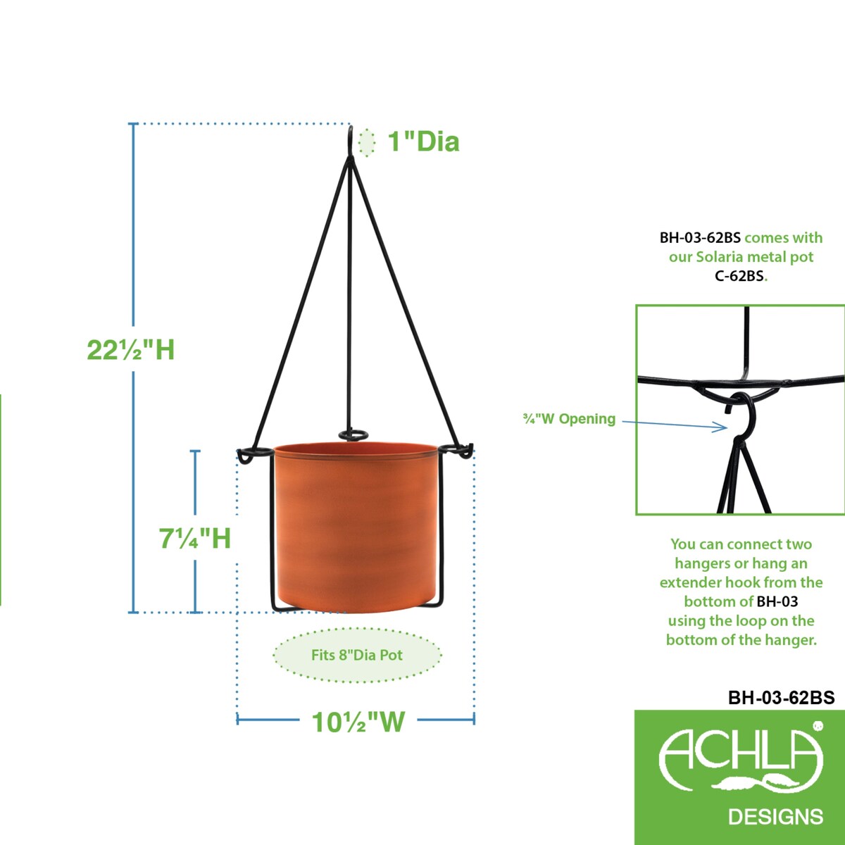 Achla Designs 22.5"H Black Wrought Iron Indoor Outdoor Vera Hanging Planter w/Cylindrical Galvanized Steel Pot