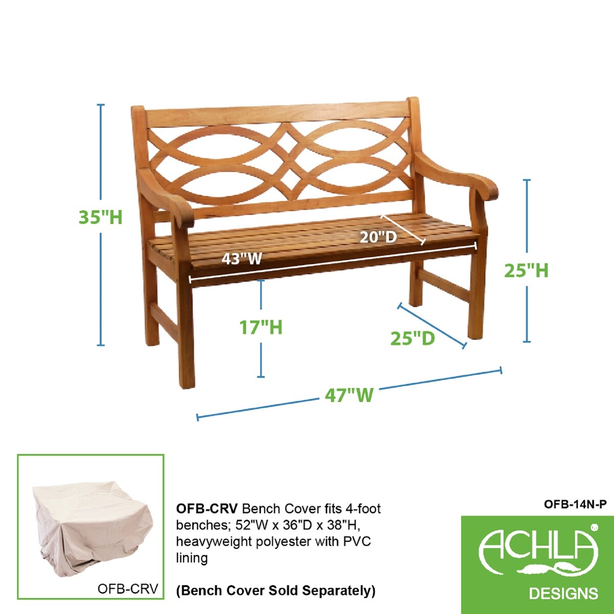 Achla Designs 3.9FT Natural Oil Finish Wooden Indoor/Outdoor Hennell Bench, Home Patio Garden Deck Seating