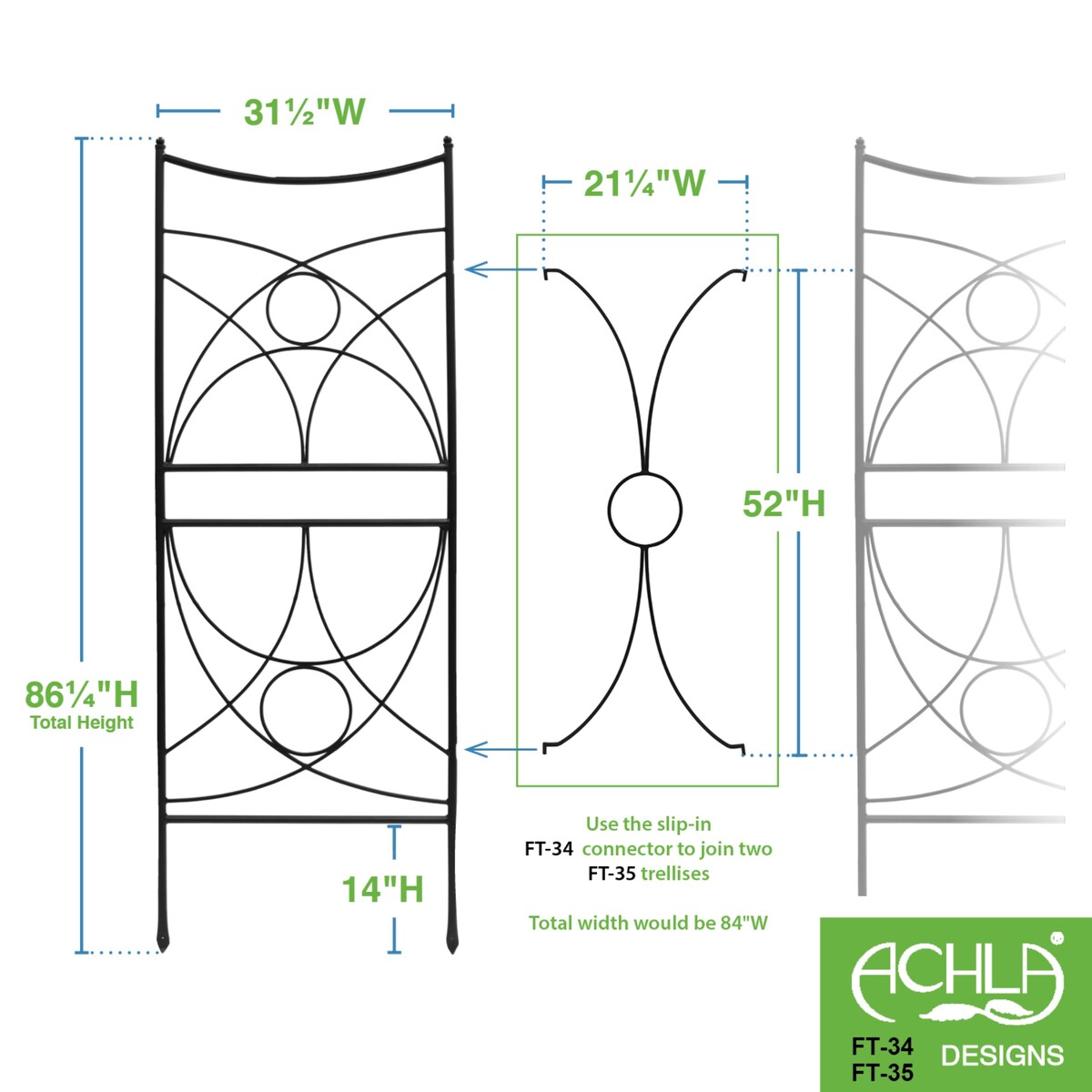 Achla Designs 86.25"H Black Powdercoated Wrought Iron Outdoor Garden Aurora Trellis